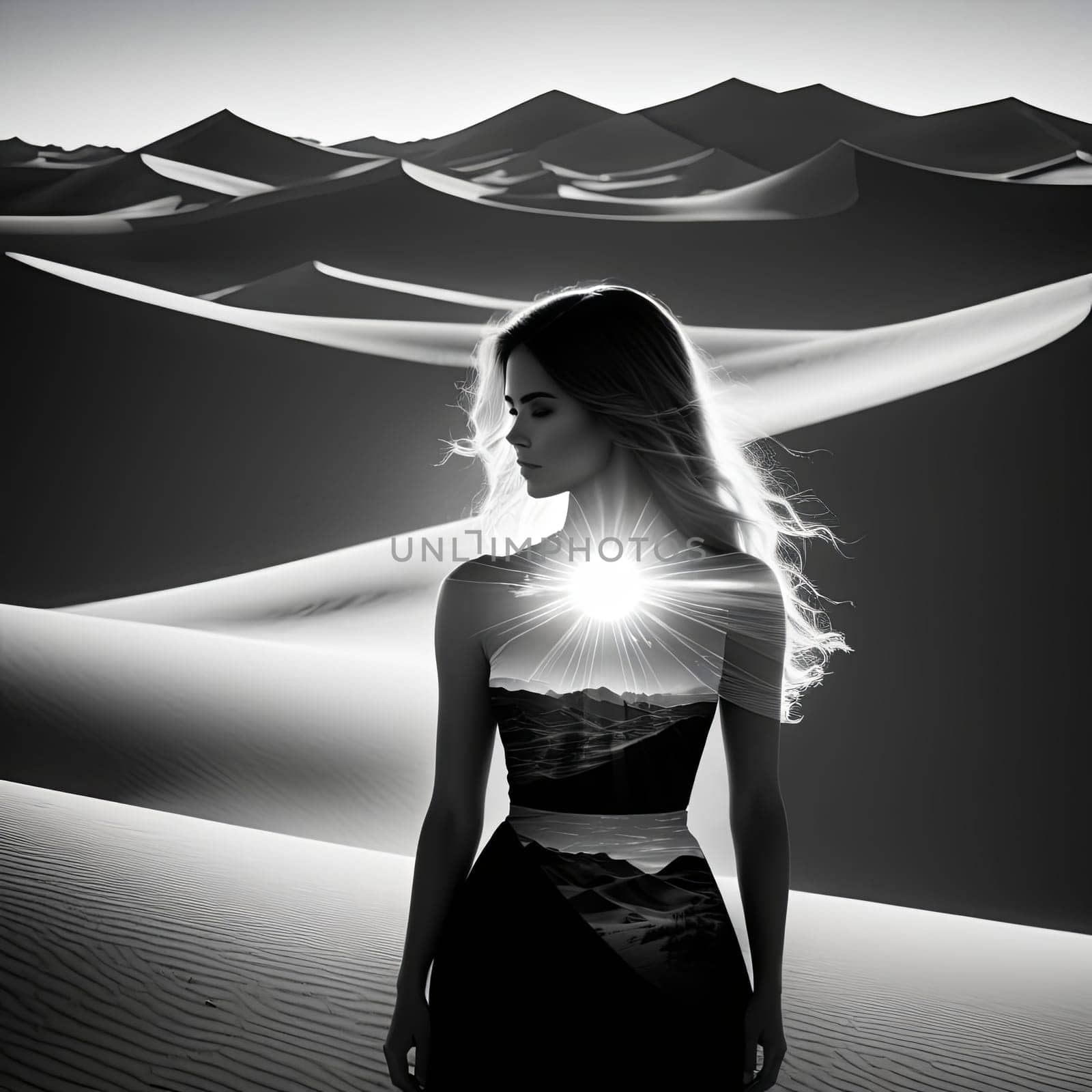 Dreamlike scene featuring womans silhouette against flowing sands. Windswept hair enhances connection to nature, evoking emotions of serenity, freedom, and exploration in stunning landscape