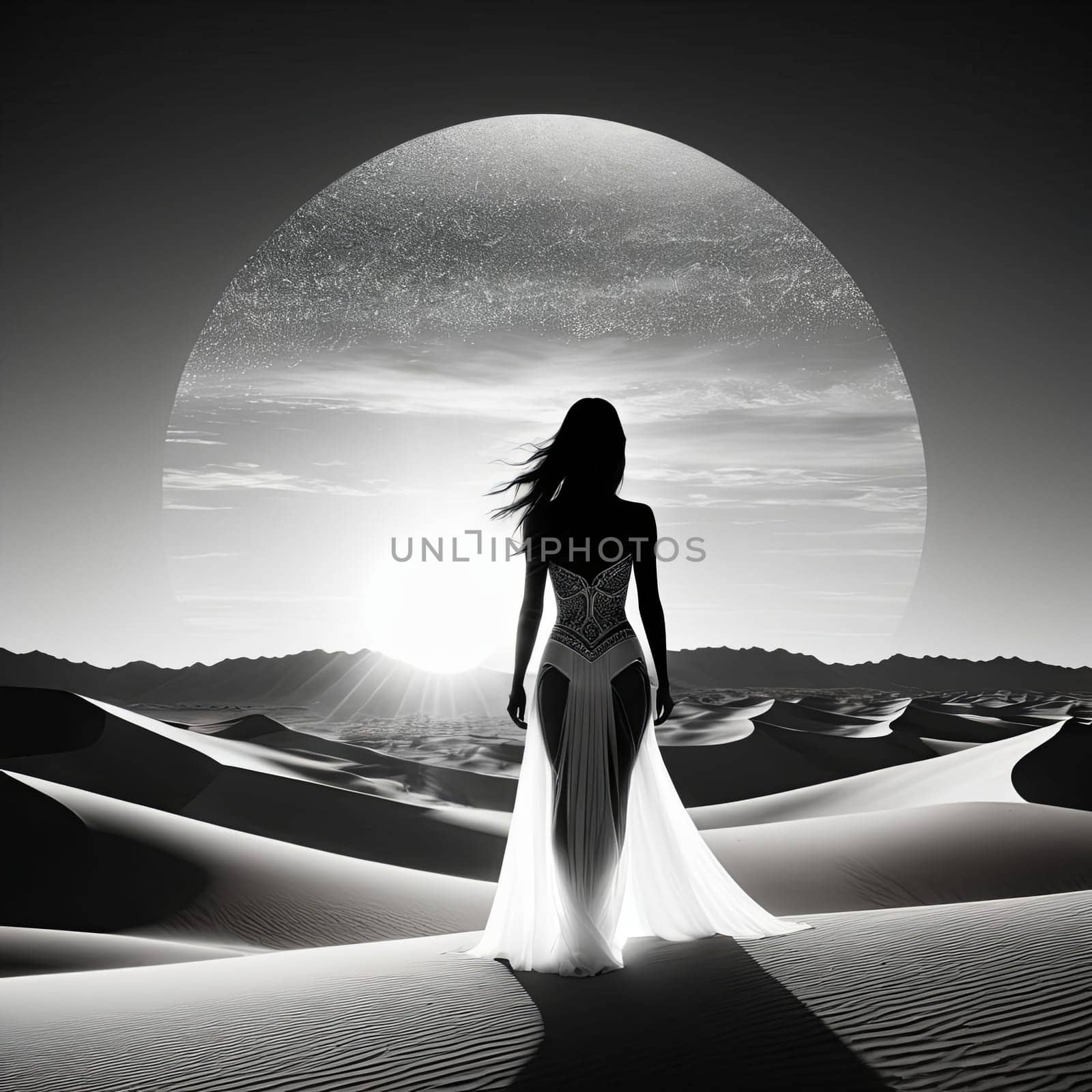 Unique silhouette of woman set against stunning desert scenery. Wind-tossed hair and vibrant colors evoke feelings of adventure and connection to nature, inspiring exploration and appreciation