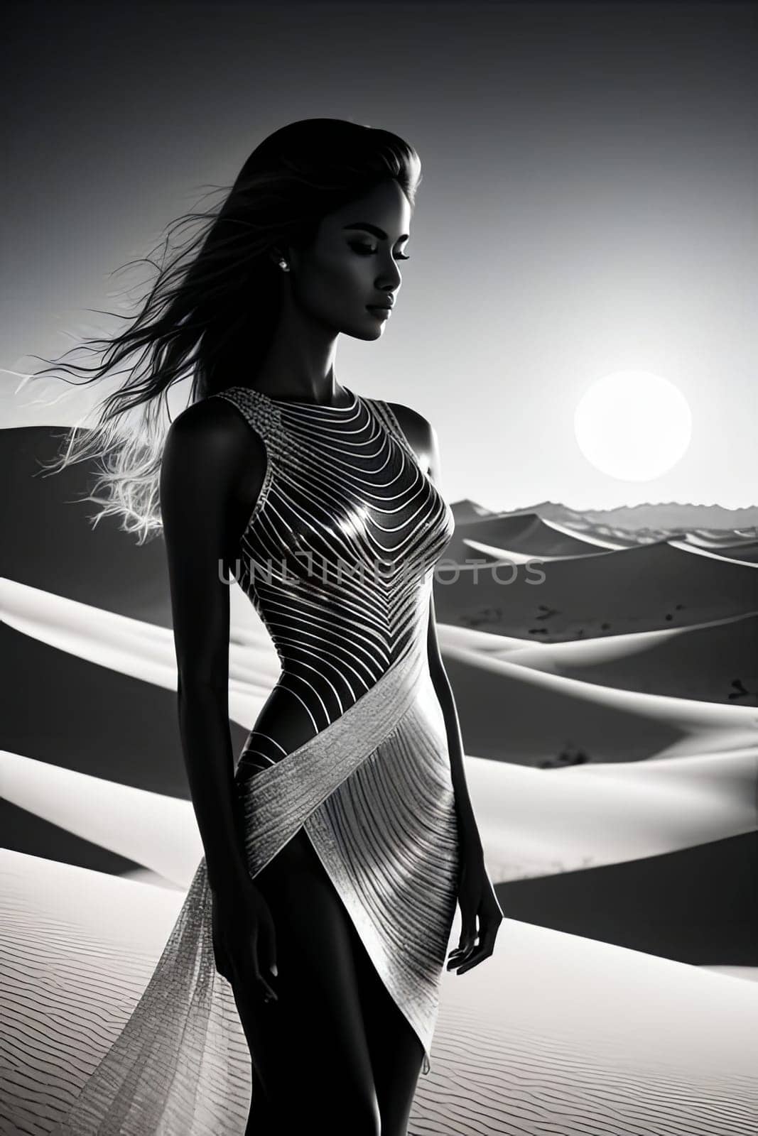 Enigmatic silhouette of woman blends seamlessly with sandy dunes. Her flowing hair dances in the wind, creating a captivating visual that embodies freedom, resilience, and connection to nature