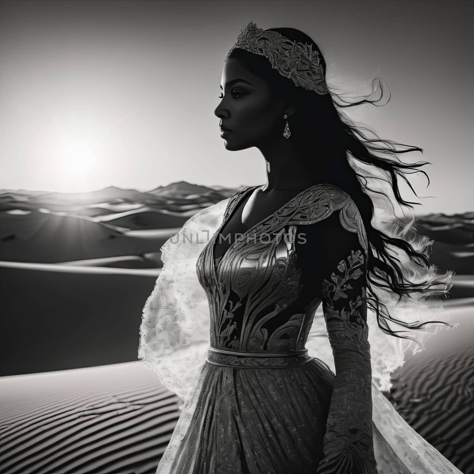 Striking portrait of woman against desert backdrop, her silhouette filled with vibrant sunset colors. Flowing hair captures movement, symbolizing harmony between human spirit and natural world