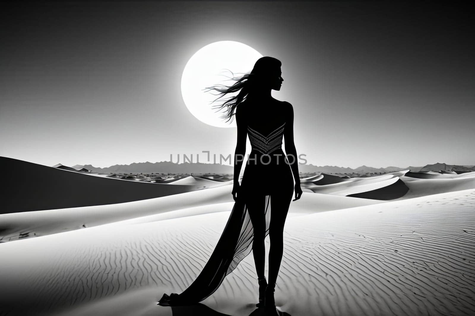 Captivating image of woman in silhouette, harmoniously merging with desert surroundings. Flowing hair and serene expression reflect themes of exploration, beauty, and resilience in natural world