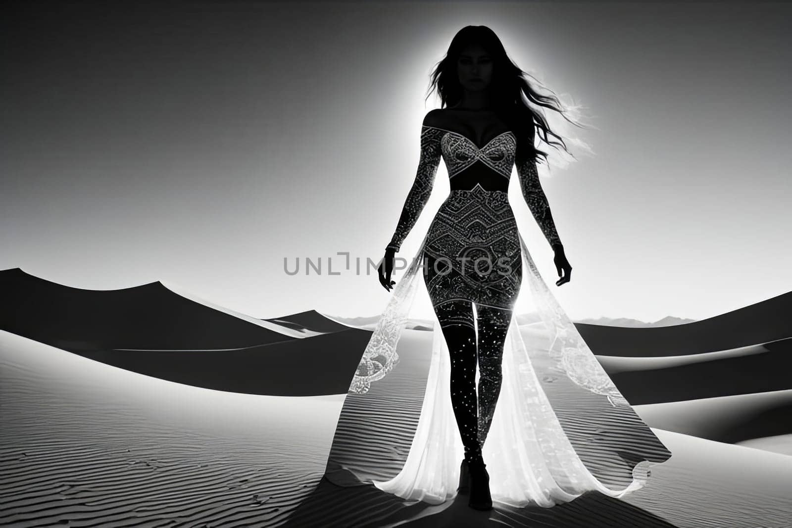 Dreamlike scene featuring womans silhouette against flowing sands. Windswept hair enhances connection to nature, evoking emotions of serenity, freedom, and exploration in stunning landscape