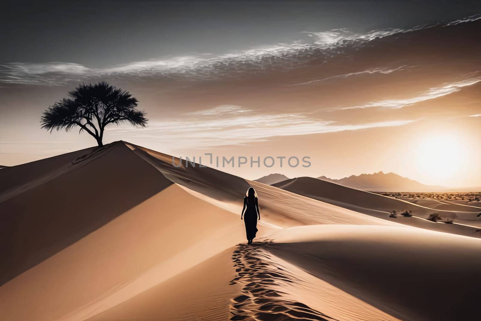 Ethereal silhouette of woman merges with flowing sands, capturing the essence of freedom. Her windswept hair and serene expression reflect beauty and strength amidst breathtaking natural landscape