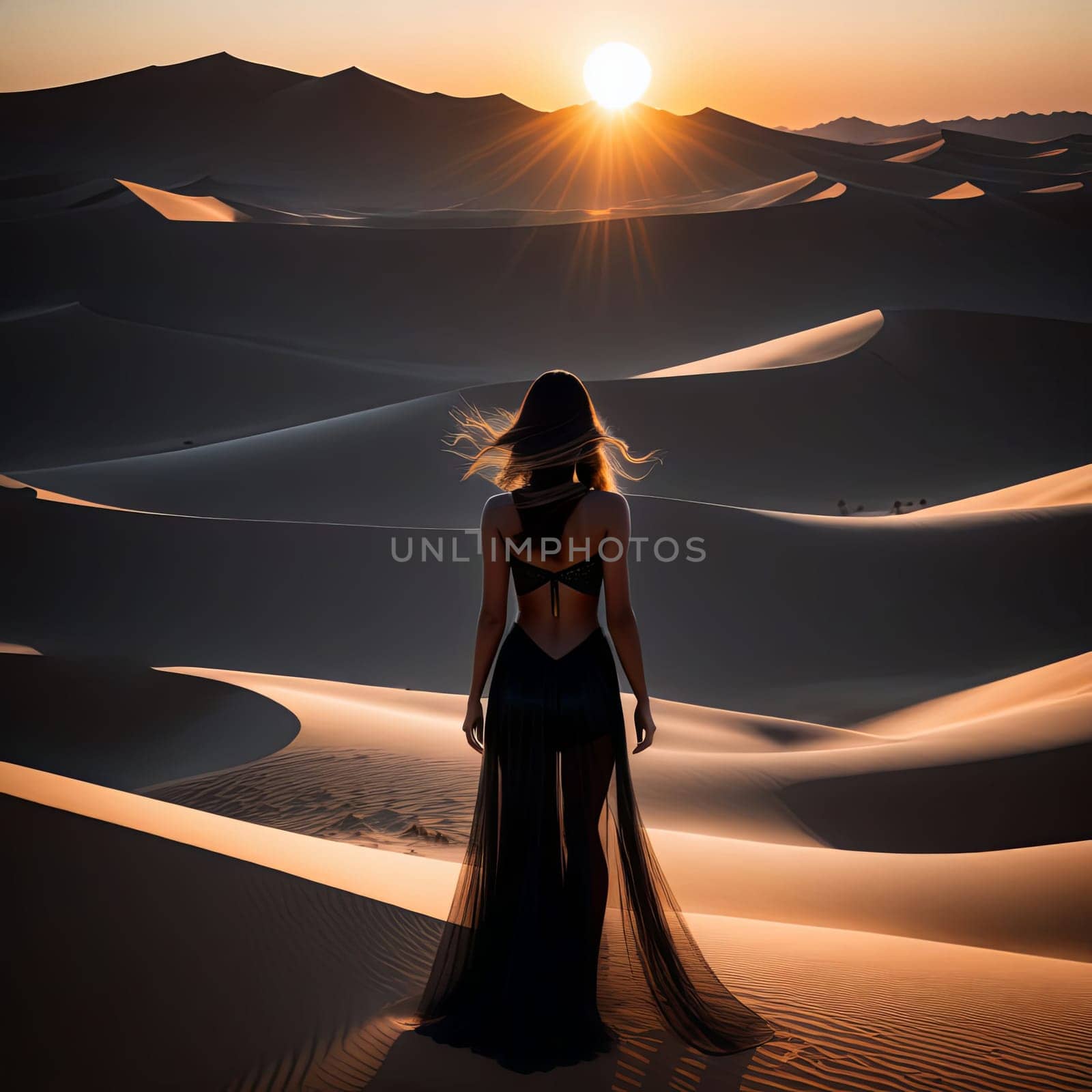 Mesmerizing image of womans profile against dramatic desert landscape. Flowing hair and soft colors create a sense of peace and introspection, celebrating the beauty of the natural world