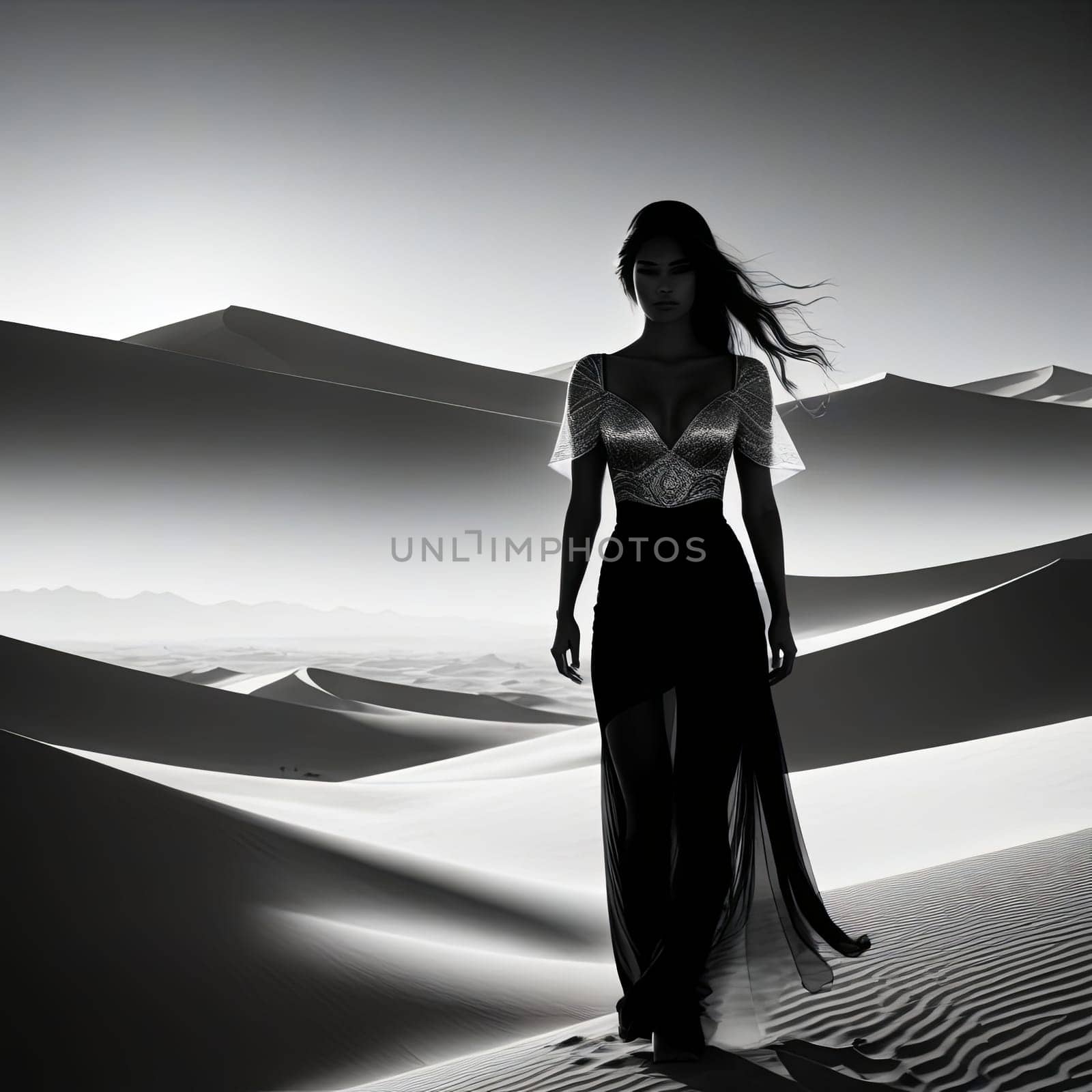 Enchanting portrait of woman with flowing hair, merging with vibrant desert backdrop. Her silhouette symbolizes strength and beauty, inviting viewers to appreciate harmony between humanity and nature