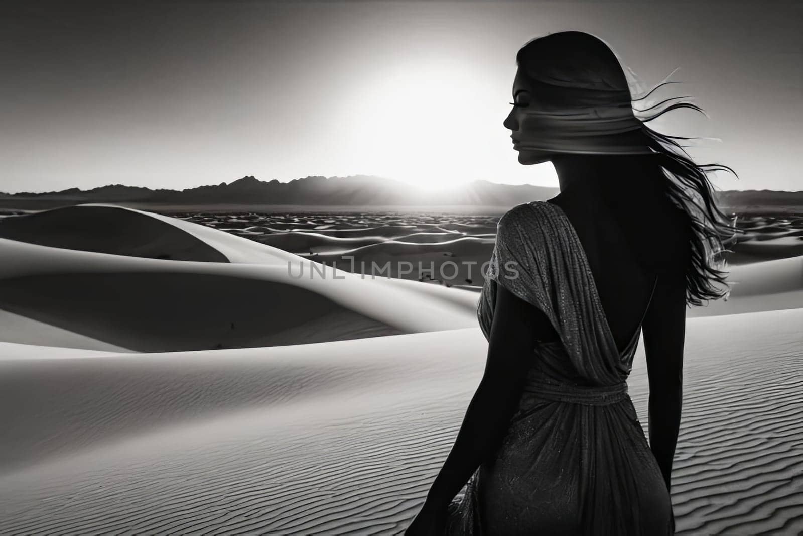 Dreamlike scene featuring womans silhouette against flowing sands. Windswept hair enhances connection to nature, evoking emotions of serenity, freedom, and exploration in stunning landscape