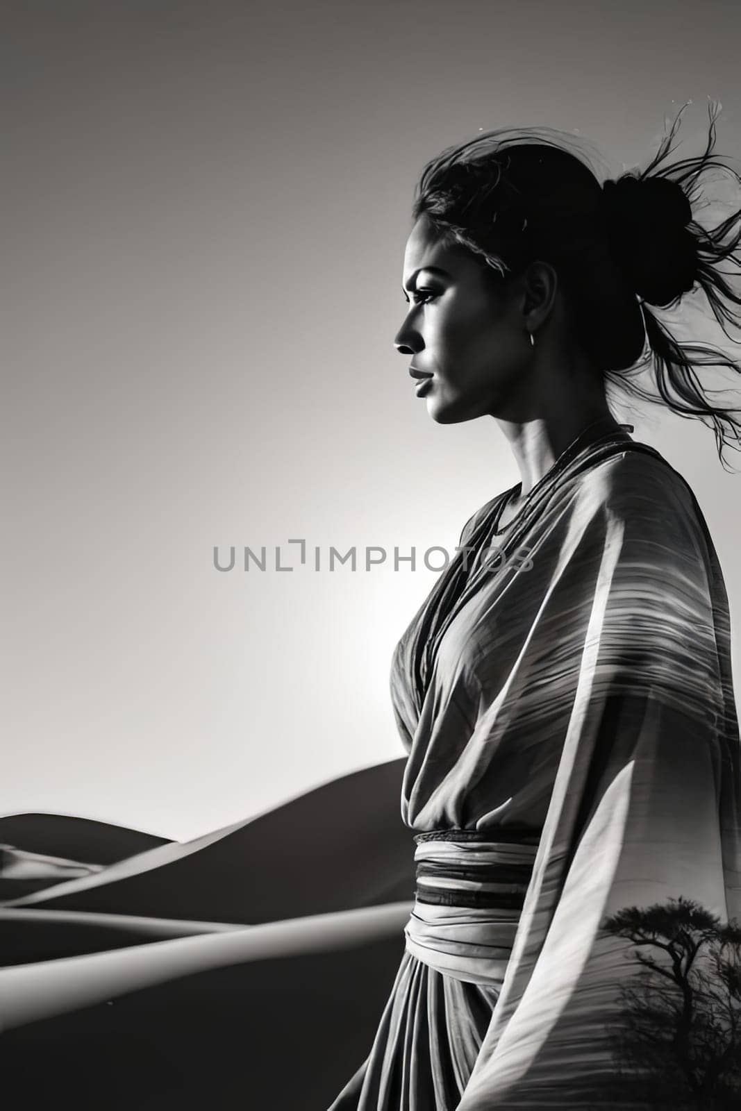 Ethereal image of womans profile blending with desert scenery. Windswept hair and colorful landscape reflect emotions of adventure and tranquility, inviting viewers to explore beauty of nature