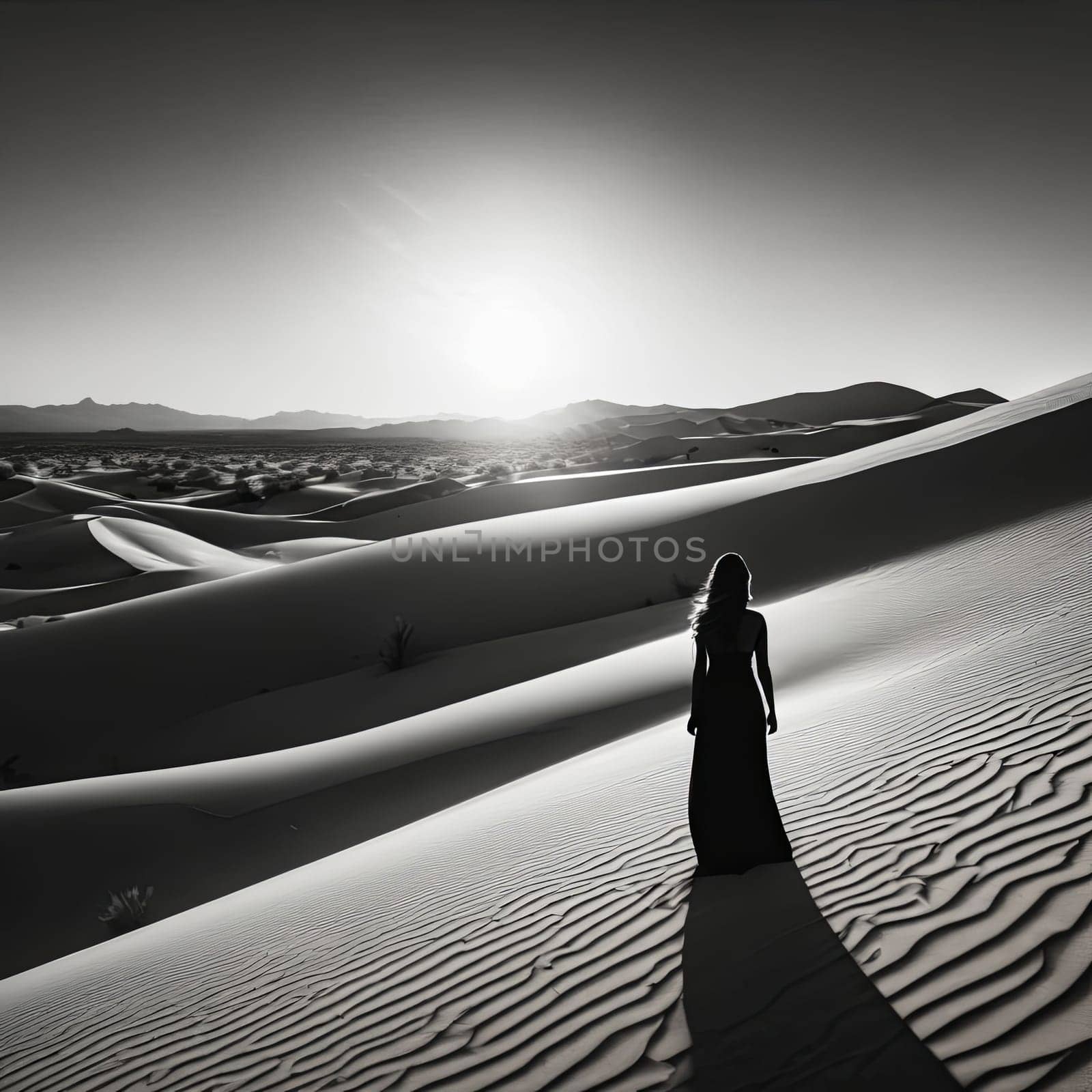 Beautiful silhouette of woman merges with stunning desert landscape. Flowing hair and sand dunes create mesmerizing harmony, evoking themes of freedom, nature, and inner strength in soft lighting