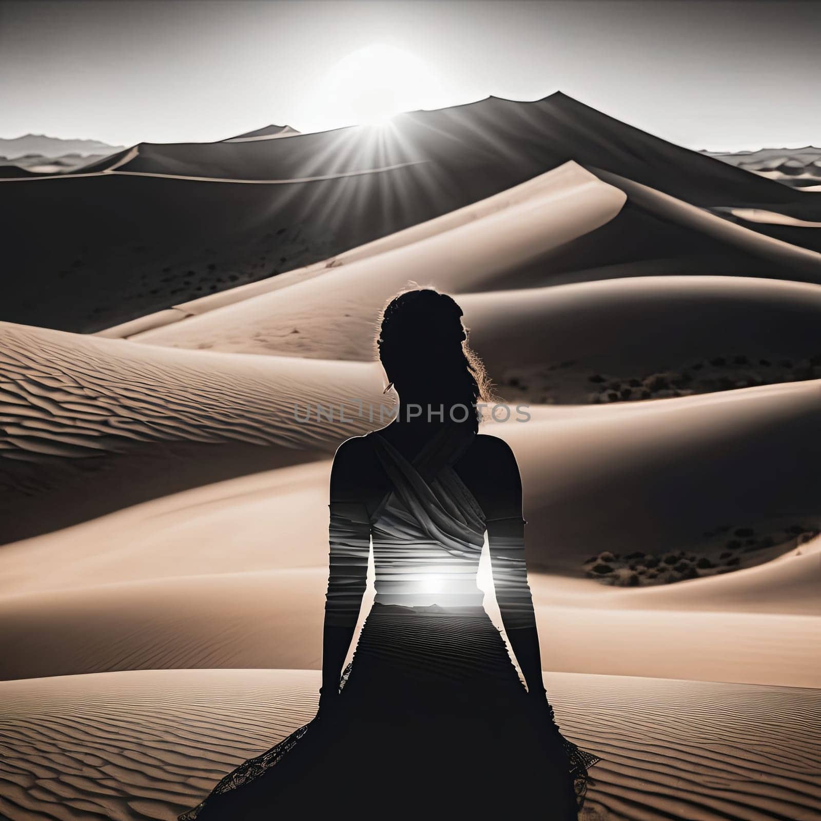 Enigmatic silhouette of woman blends seamlessly with sandy dunes. Her flowing hair dances in the wind, creating a captivating visual that embodies freedom, resilience, and connection to nature