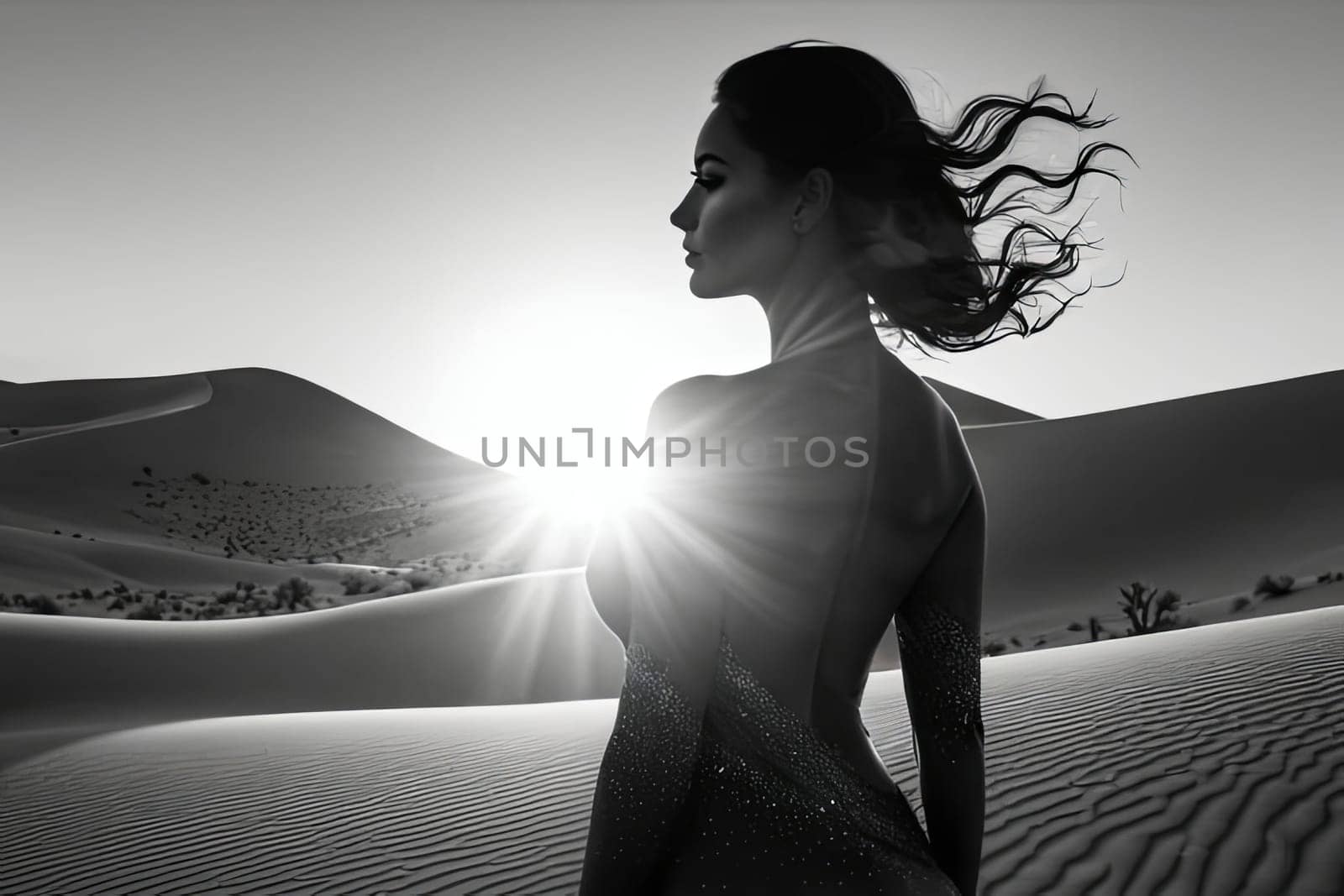 Striking image of woman in profile, harmoniously intertwined with desert landscape. Flowing hair and soft colors create a captivating visual that symbolizes exploration, beauty, and resilience