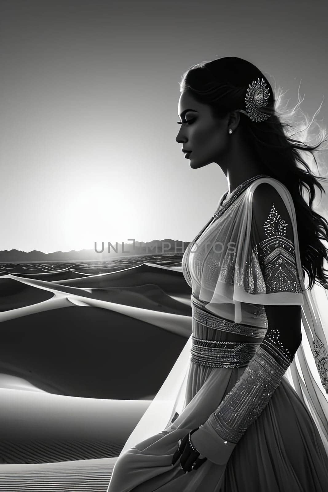 Ethereal silhouette of woman merges with flowing sands, capturing the essence of freedom. Her windswept hair and serene expression reflect beauty and strength amidst breathtaking natural landscape