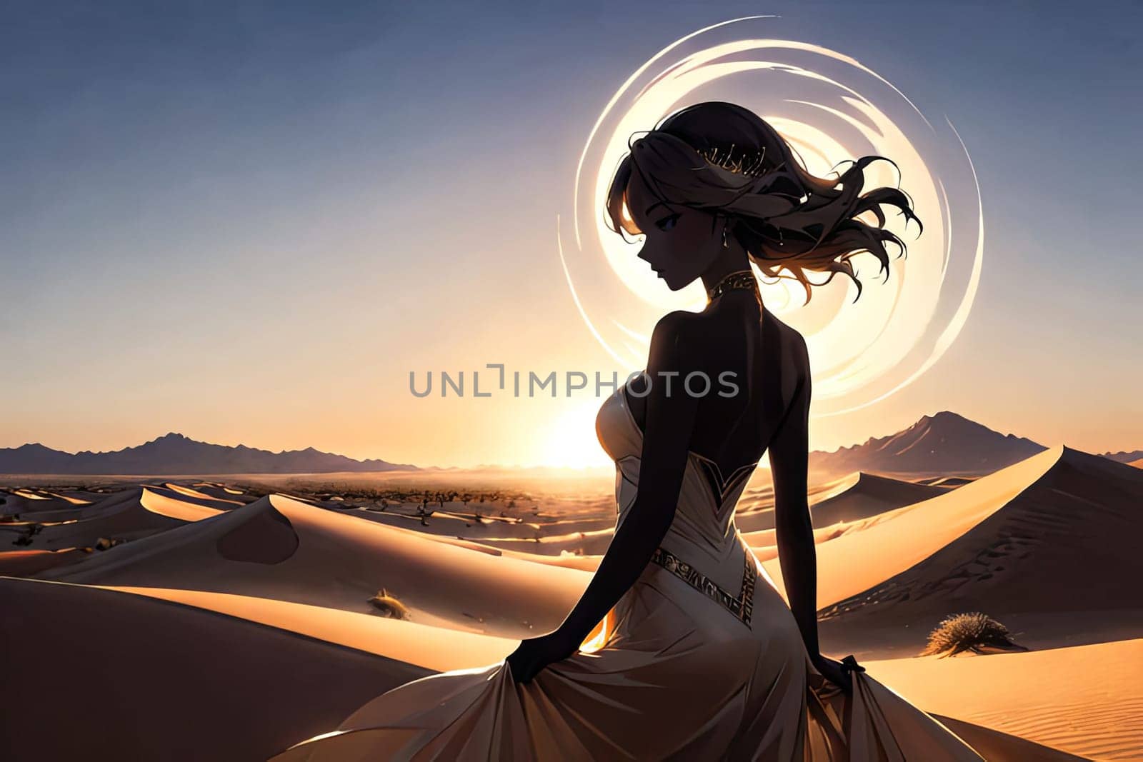 Enchanting portrait of woman with flowing hair, merging with vibrant desert backdrop. Her silhouette symbolizes strength and beauty, inviting viewers to appreciate harmony between humanity and nature