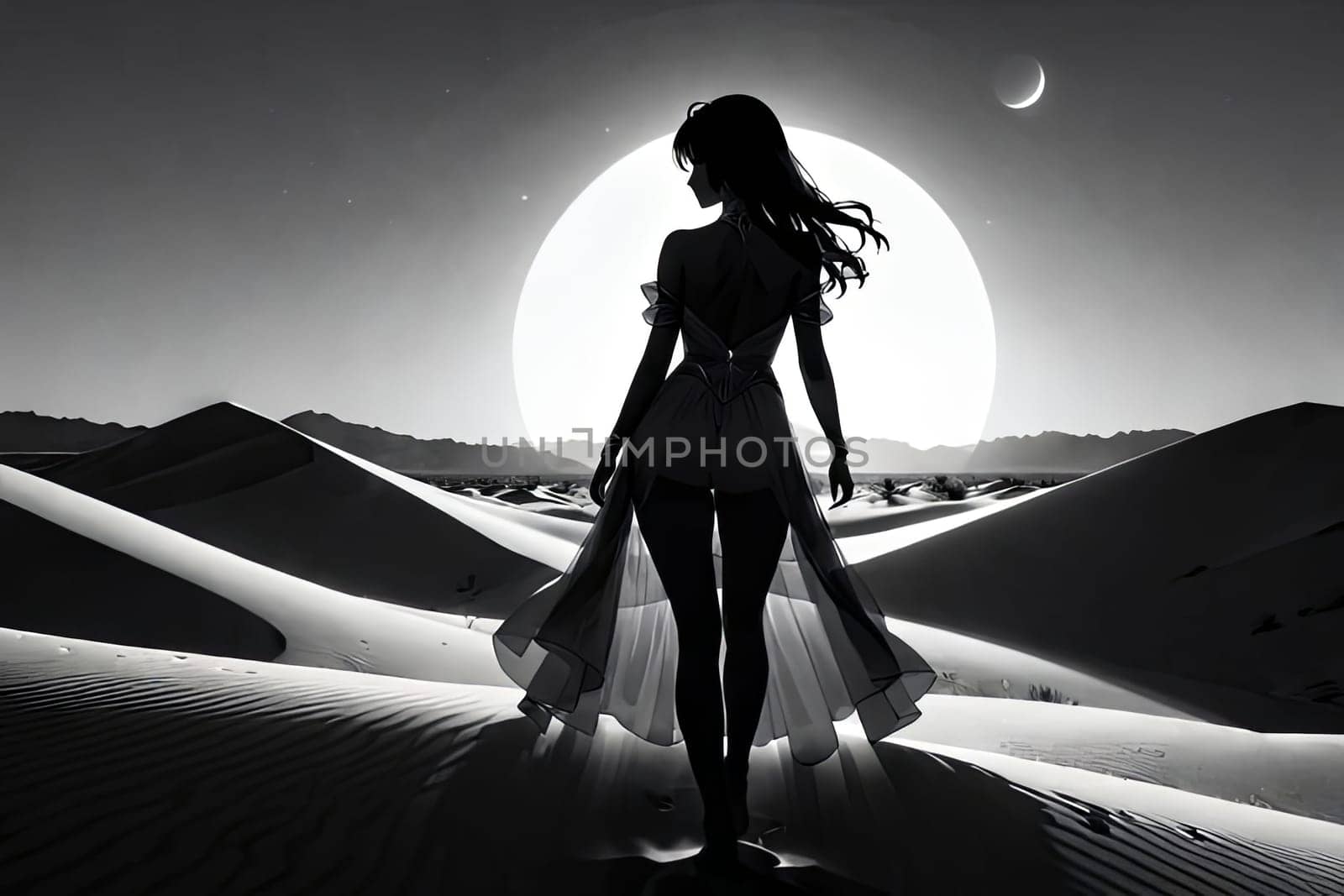 Mesmerizing image of womans profile against dramatic desert landscape. Flowing hair and soft colors create a sense of peace and introspection, celebrating the beauty of the natural world