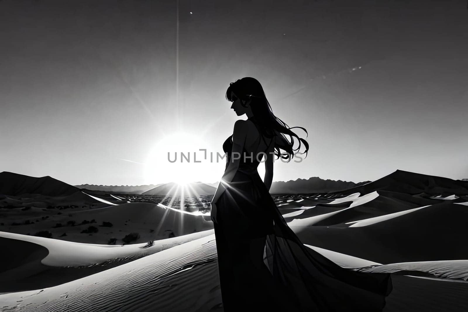 Unique silhouette of woman set against stunning desert scenery. Wind-tossed hair and vibrant colors evoke feelings of adventure and connection to nature, inspiring exploration and appreciation