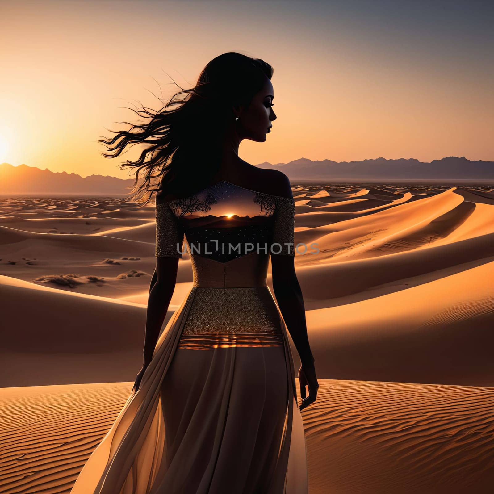 Dreamlike scene featuring womans silhouette against flowing sands. Windswept hair enhances connection to nature, evoking emotions of serenity, freedom, and exploration in stunning landscape
