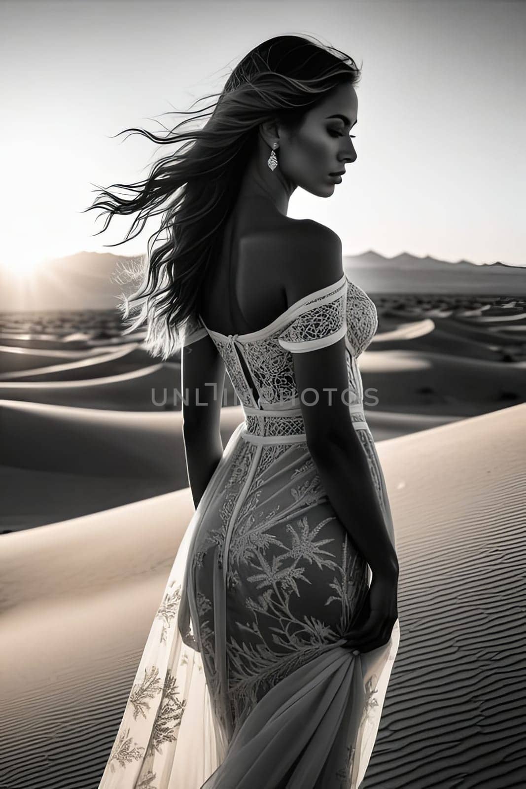 Dreamlike scene featuring womans silhouette against flowing sands. Windswept hair enhances connection to nature, evoking emotions of serenity, freedom, and exploration in stunning landscape