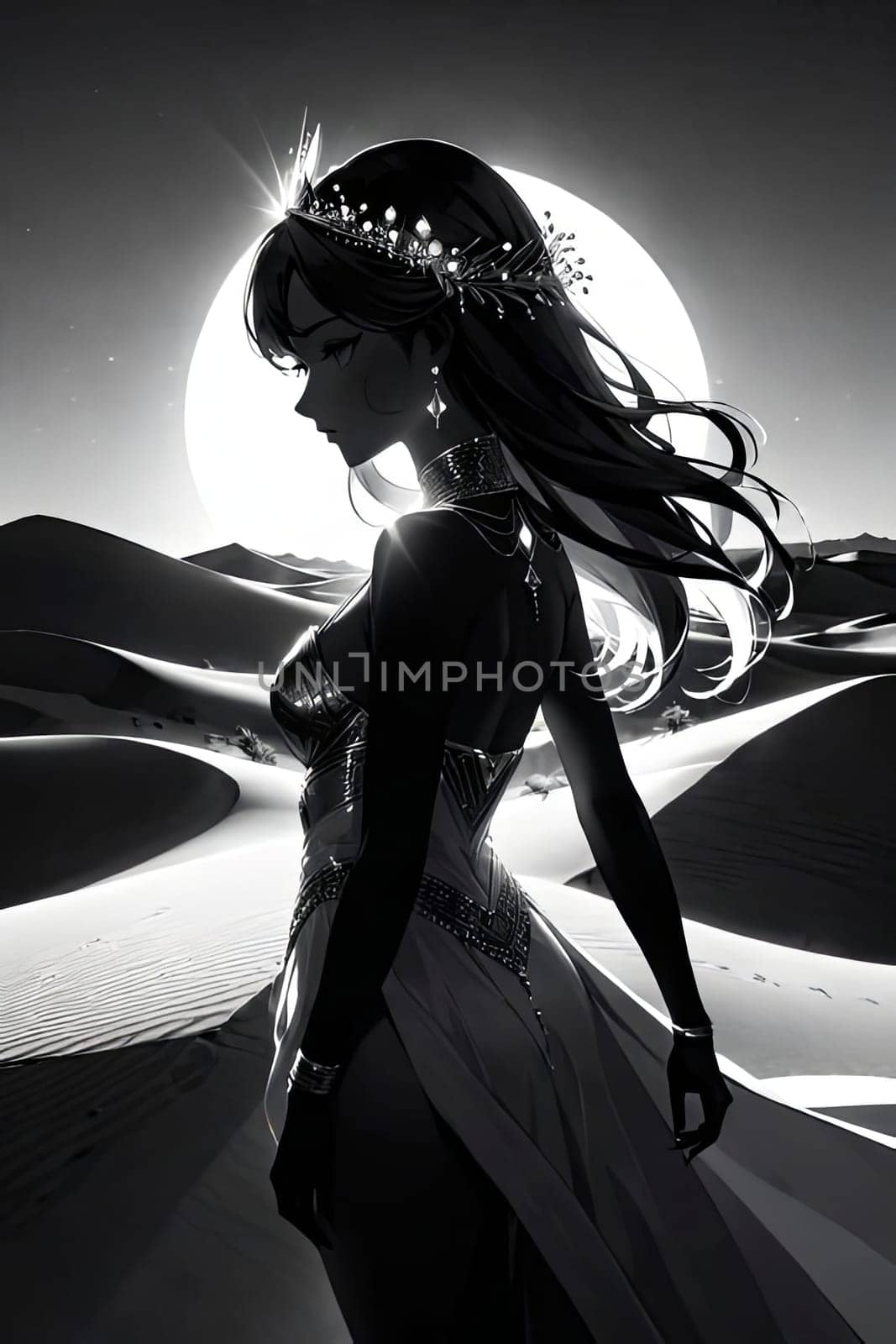Enchanting portrait of woman with flowing hair, merging with vibrant desert backdrop. Her silhouette symbolizes strength and beauty, inviting viewers to appreciate harmony between humanity and nature