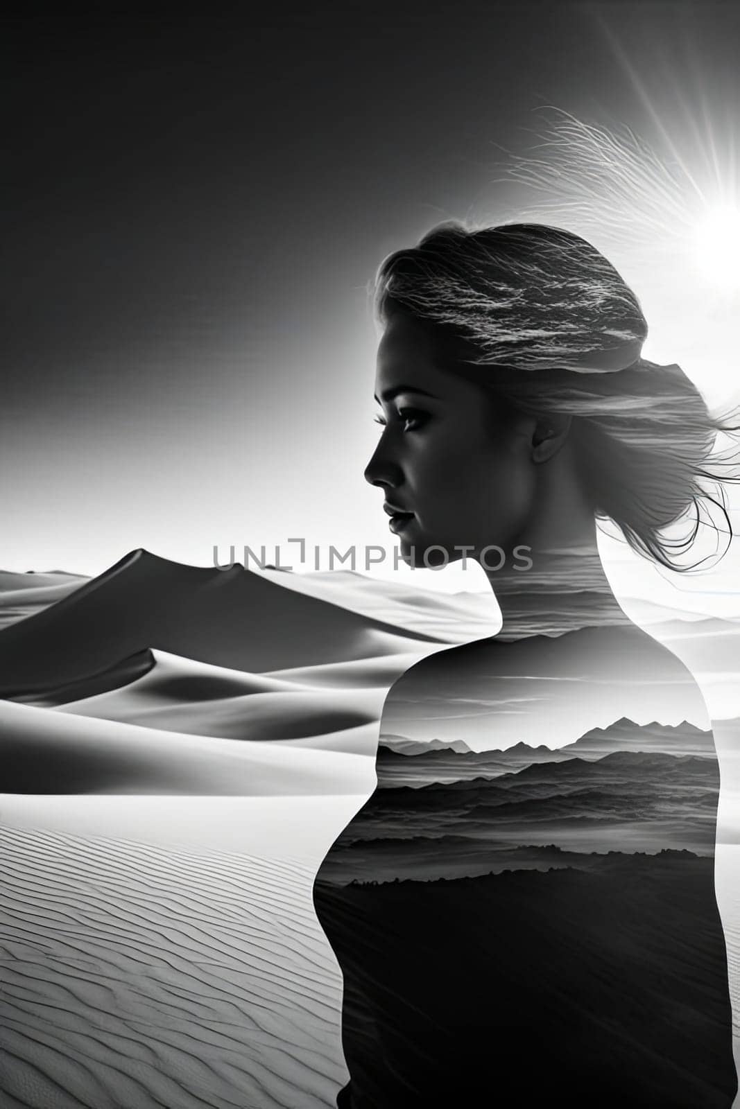 Captivating profile of woman intertwined with desert scenery. Flowing hair, soft contours reflect harmony between human spirit, nature, inviting viewers to explore beauty, serenity of vast landscapes