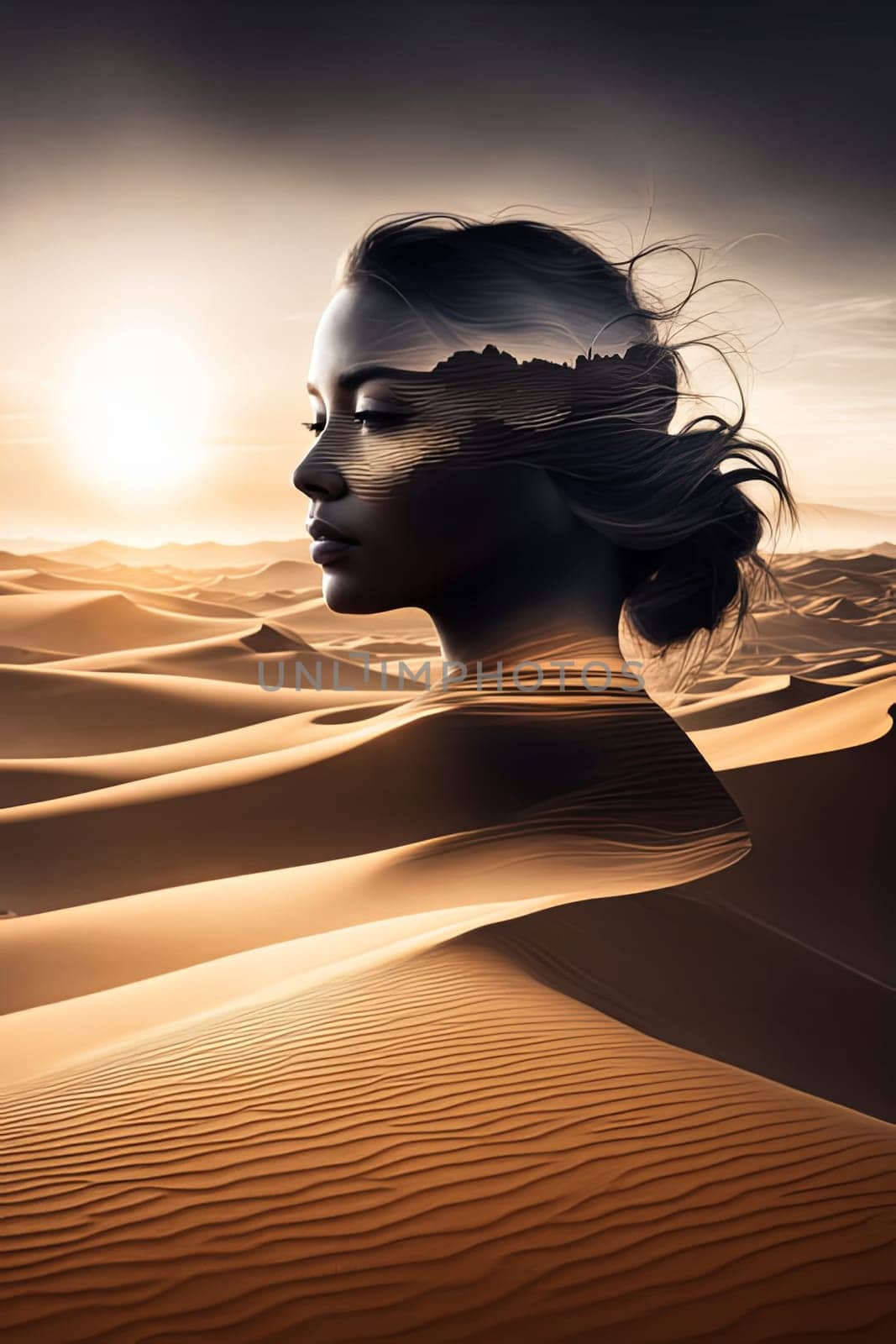Ethereal image of womans silhouette blended with sweeping dunes. Her windswept hair, tranquil expression convey emotions of exploration, peace, celebrating connection to nature in mesmerizing way
