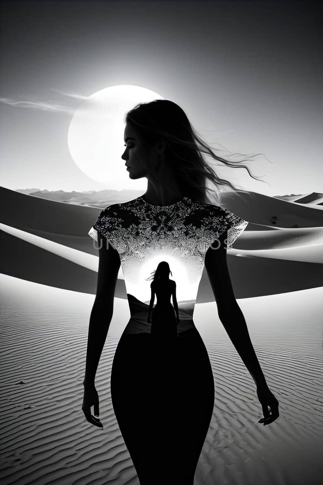 Stunning silhouette of woman with flowing hair merges with breathtaking desert landscape. Intricate details create dreamlike quality, evoking themes of freedom, inner strength against serene backdrop