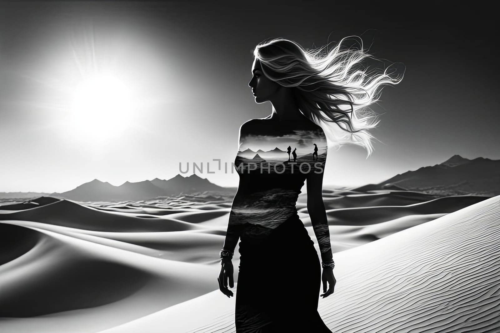 Striking silhouette of woman set against expansive dunes. Her flowing hair and tranquil demeanor embody resilience and grace, evoking emotions of freedom and connection to serene landscape