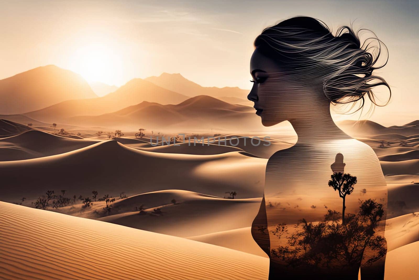 Unique image of woman in profile, seamlessly blending with desert landscape. Windswept hair and soft hues reflect harmony with nature, inviting viewers to appreciate beauty of natural world