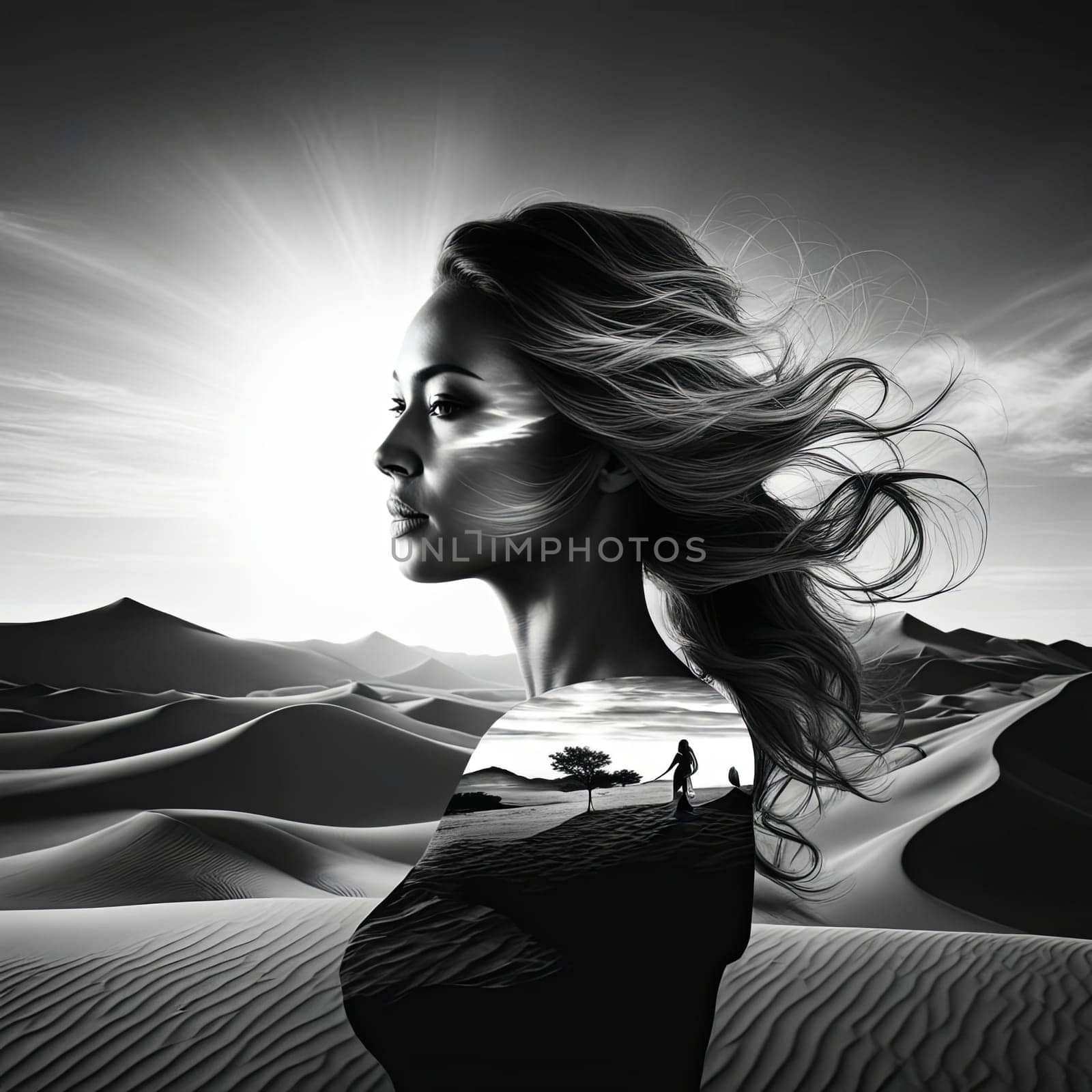 Enchanting depiction of womans silhouette intertwined with desert vistas. Windswept hair enhances the ethereal quality, inviting contemplation of beauty, strength, and the allure of natures landscapes