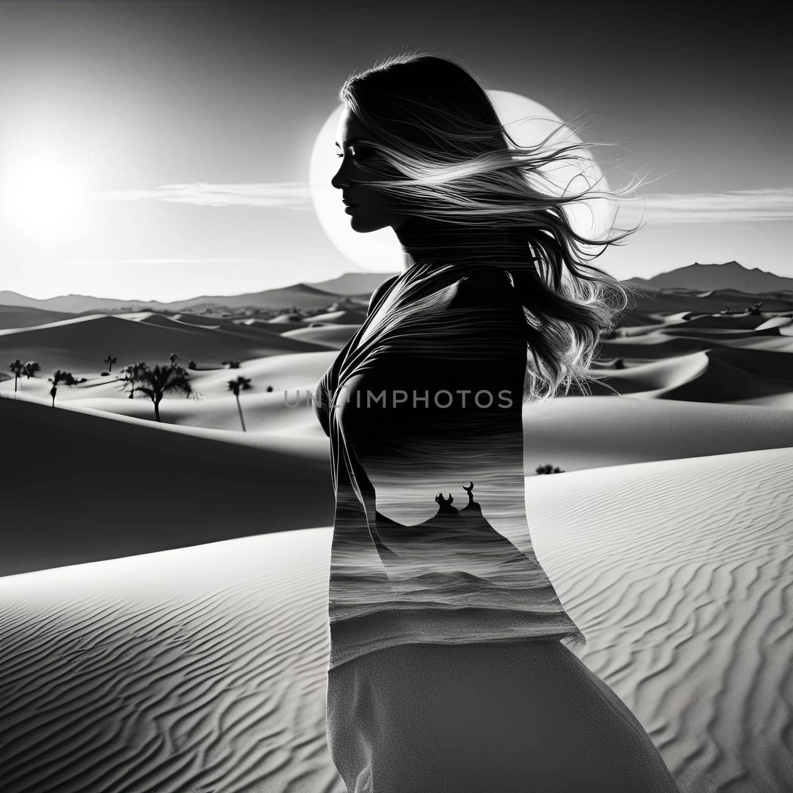 Mesmerizing image of woman in profile, harmoniously merging with sandy dunes. Flowing hair captures movement, symbolizing the connection between human spirit and the vast beauty of nature