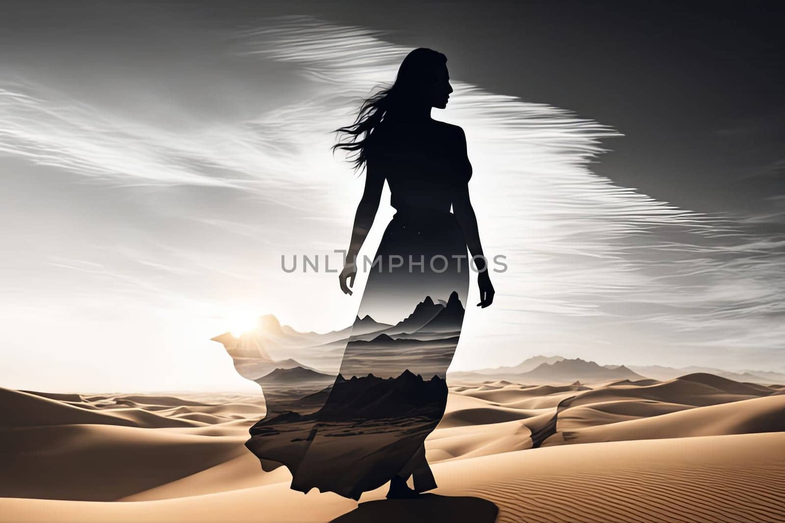 Artistic portrayal of womans profile against stunning dunes. Intricate details and soft colors evoke feelings of tranquility and introspection, highlighting beauty of nature and human connection