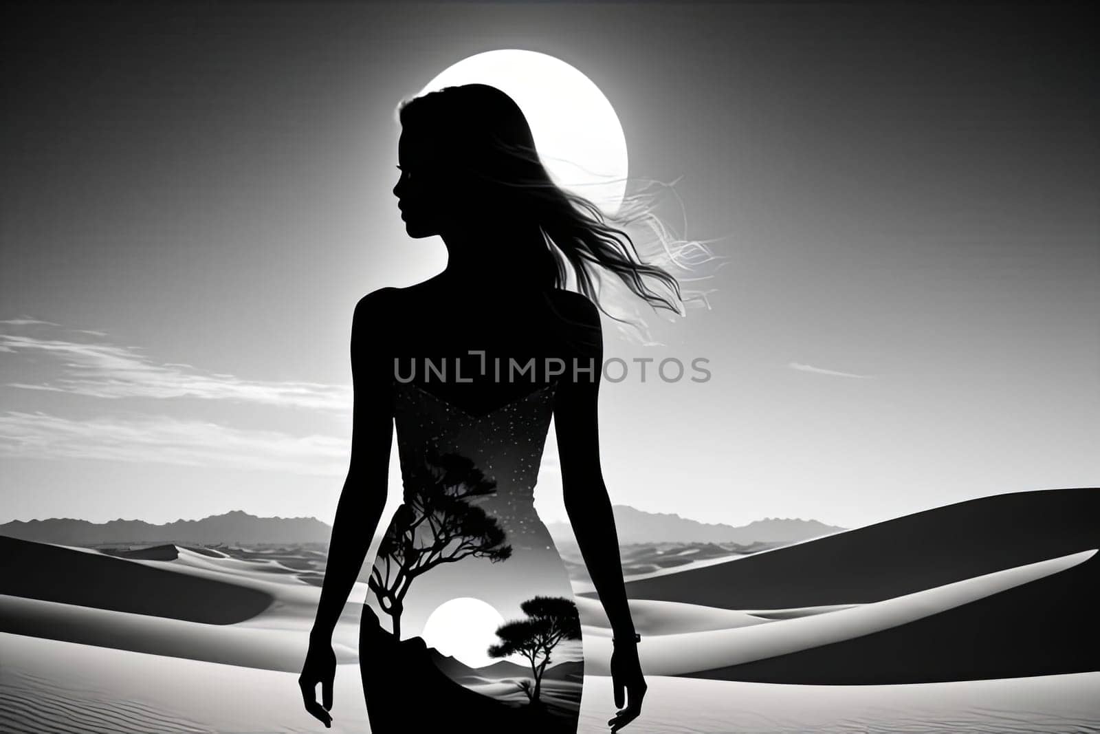 Stunning silhouette of woman with flowing hair merges with breathtaking desert landscape. Intricate details create dreamlike quality, evoking themes of freedom, inner strength against serene backdrop
