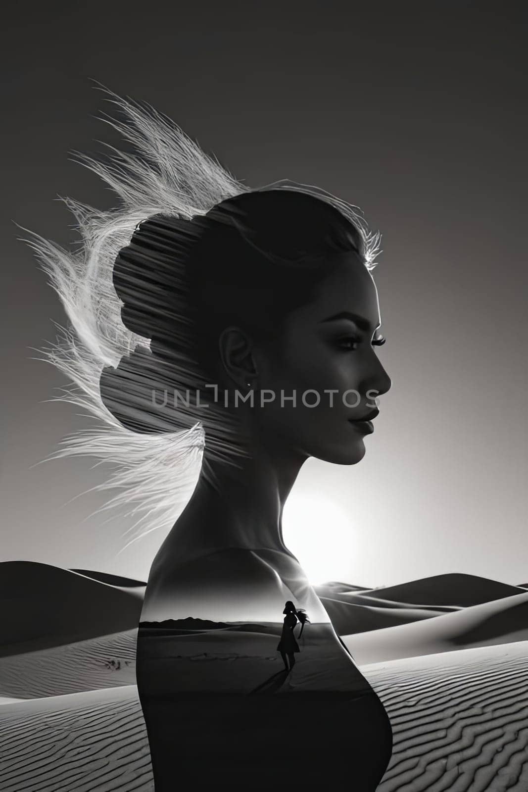 Ethereal image of womans silhouette blended with sweeping dunes. Her windswept hair, tranquil expression convey emotions of exploration, peace, celebrating connection to nature in mesmerizing way