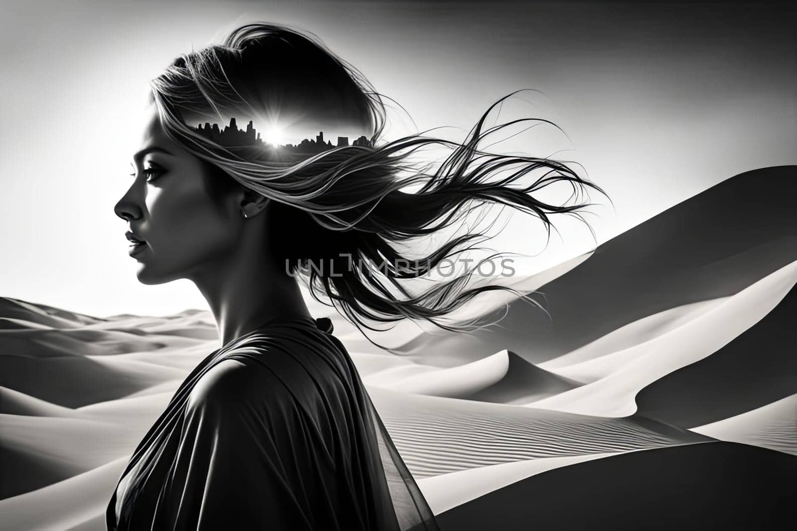 Ethereal silhouette of woman merging with sweeping desert landscape. Flowing hair and tranquil expression evoke a sense of adventure and connection to nature, celebrating beauty of the natural world