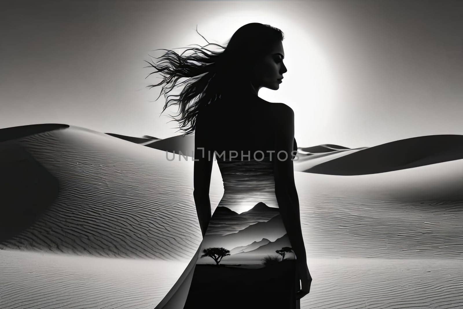 Striking silhouette of woman set against expansive dunes. Her flowing hair and tranquil demeanor embody resilience and grace, evoking emotions of freedom and connection to the serene landscape