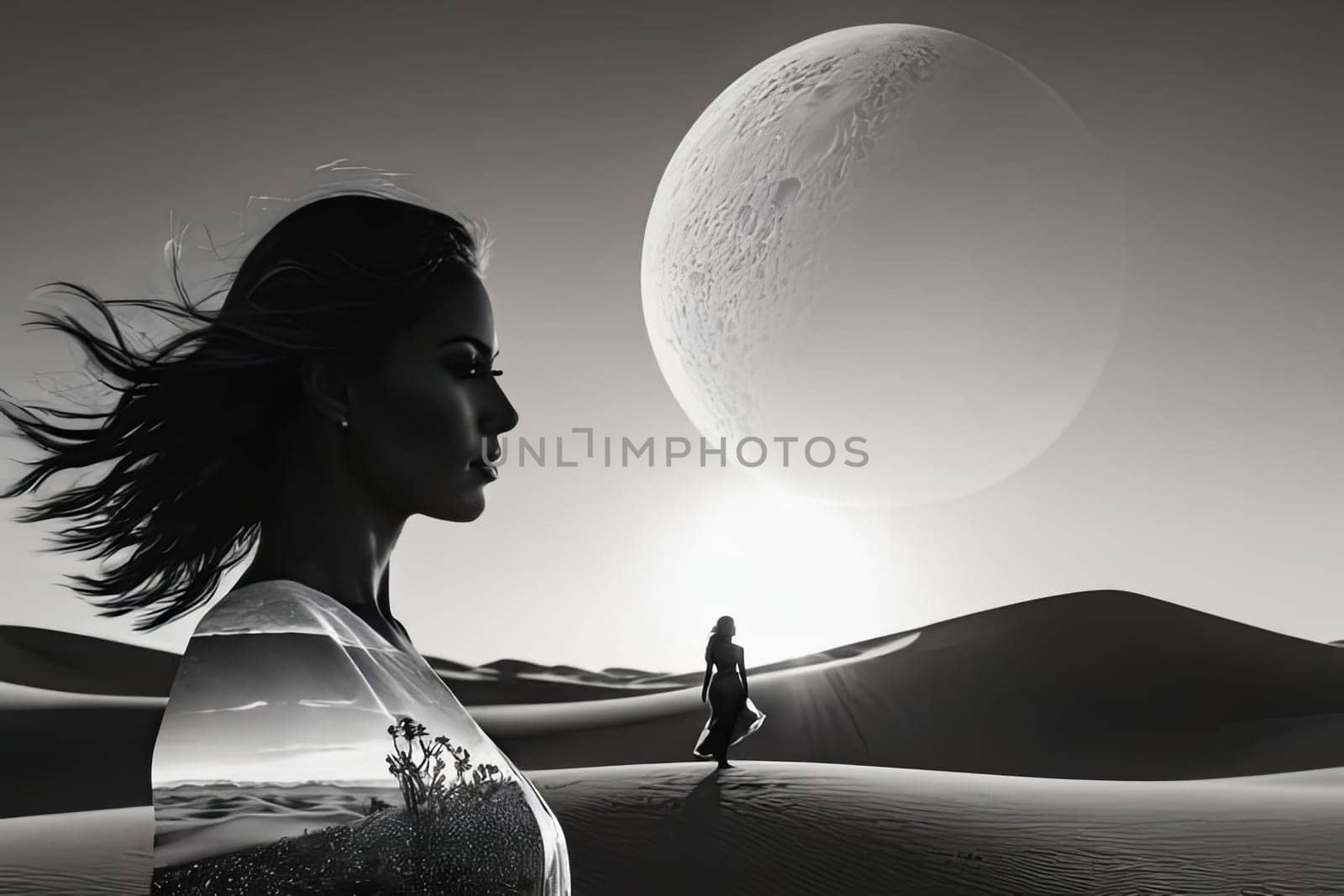 Enchanting depiction of womans silhouette intertwined with desert vistas. Windswept hair enhances the ethereal quality, inviting contemplation of beauty, strength, and the allure of natures landscapes