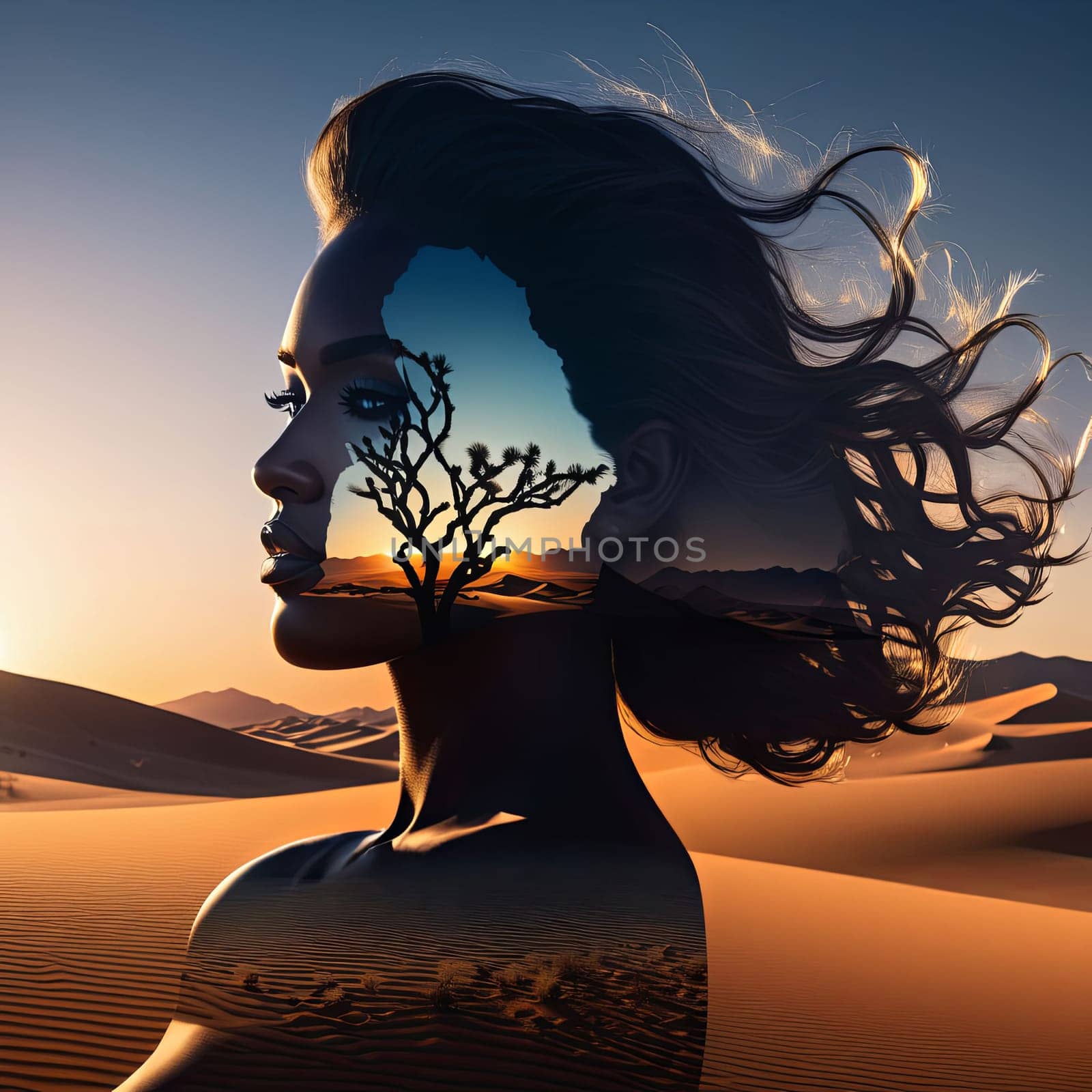 Stunning silhouette of woman with flowing hair merges with breathtaking desert landscape. Intricate details create dreamlike quality, evoking themes of freedom, inner strength against serene backdrop