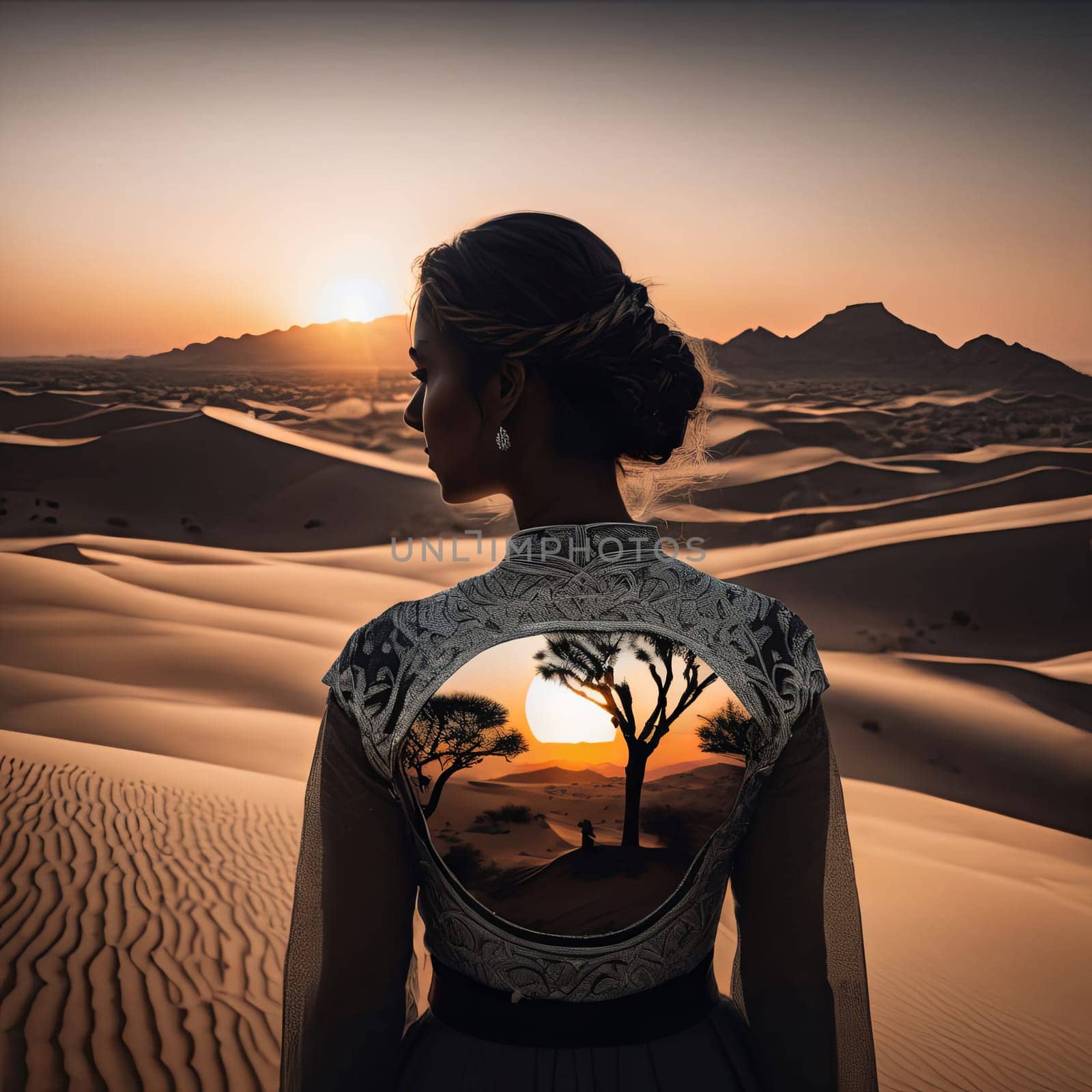 Captivating silhouette of woman against breathtaking desert. Her flowing hair and serene expression create a sense of peace, inviting exploration of themes like beauty, freedom, and inner strength