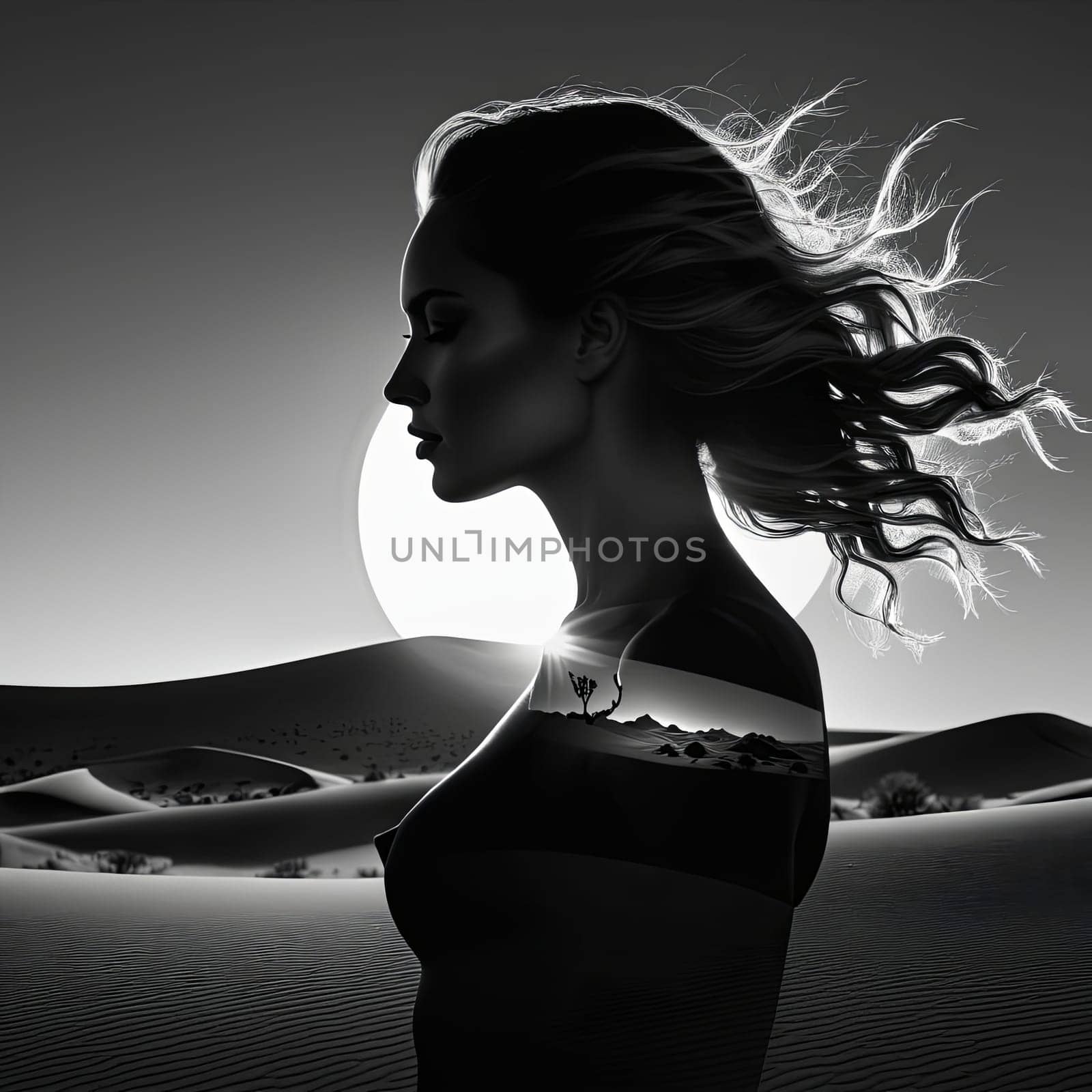 Ethereal image of womans silhouette blended with sweeping dunes. Her windswept hair and tranquil expression convey emotions of exploration, peace, celebrating connection to nature in mesmerizing way