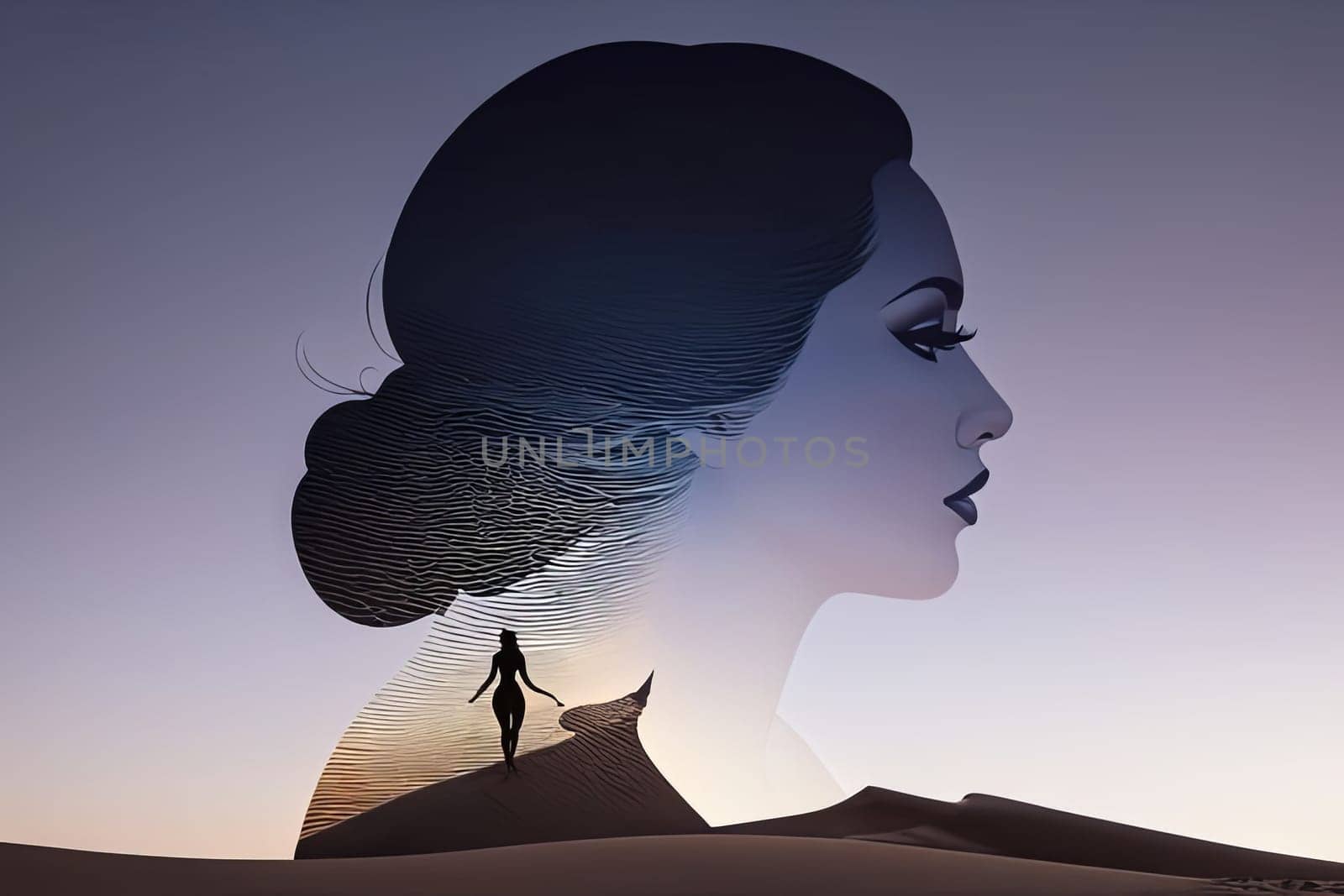 Enchanting depiction of womans silhouette intertwined with desert vistas. Windswept hair enhances the ethereal quality, inviting contemplation of beauty, strength, and the allure of natures landscapes