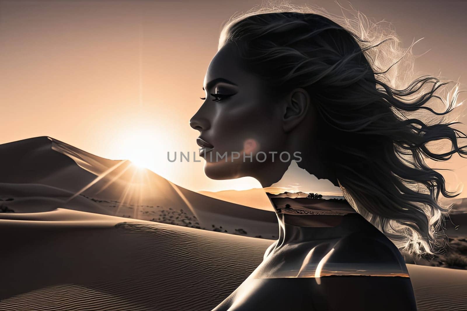 Unique image of woman in profile, seamlessly blending with desert landscape. Windswept hair and soft hues reflect harmony with nature, inviting viewers to appreciate the beauty of the natural world