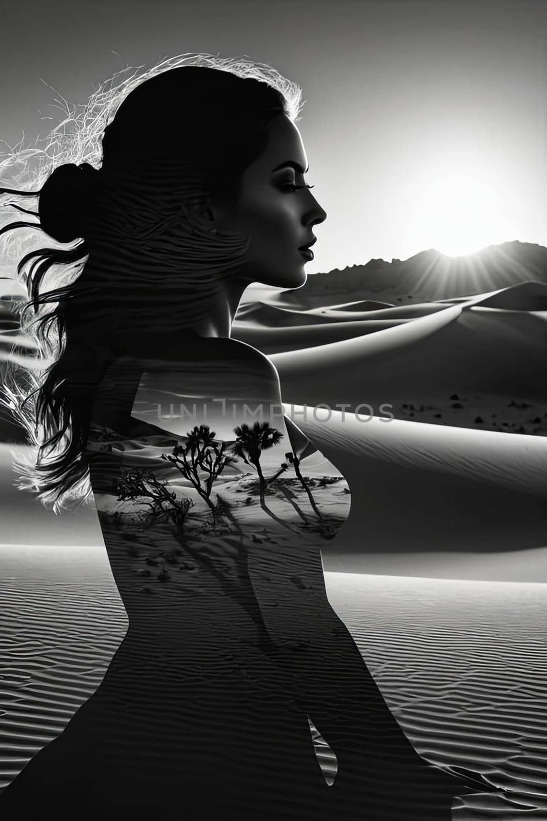 Enigmatic silhouette of woman filled with desert landscape. Flowing hair enhances visual impact, symbolizing freedom and adventure while inviting contemplation of beauty found in natural surroundings