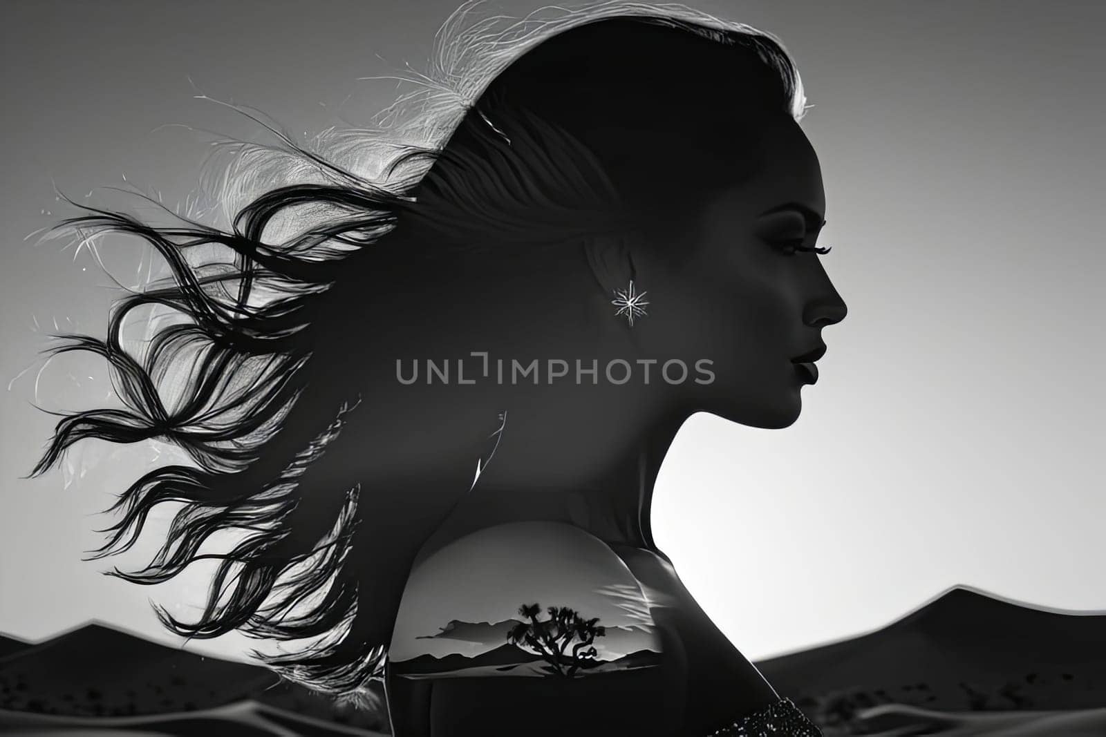 Striking silhouette of woman set against expansive dunes. Her flowing hair and tranquil demeanor embody resilience and grace, evoking emotions of freedom and connection to the serene landscape