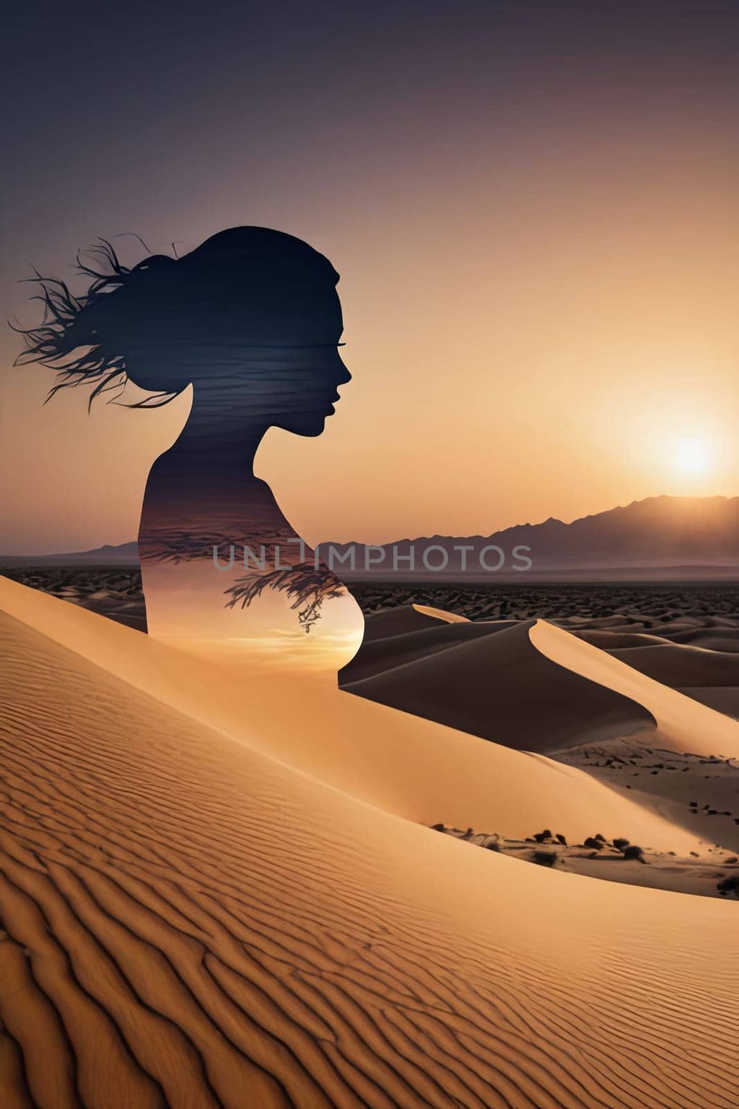 Artistic portrayal of womans profile against stunning dunes. Intricate details and soft colors evoke feelings of tranquility and introspection, highlighting beauty of nature and human connection