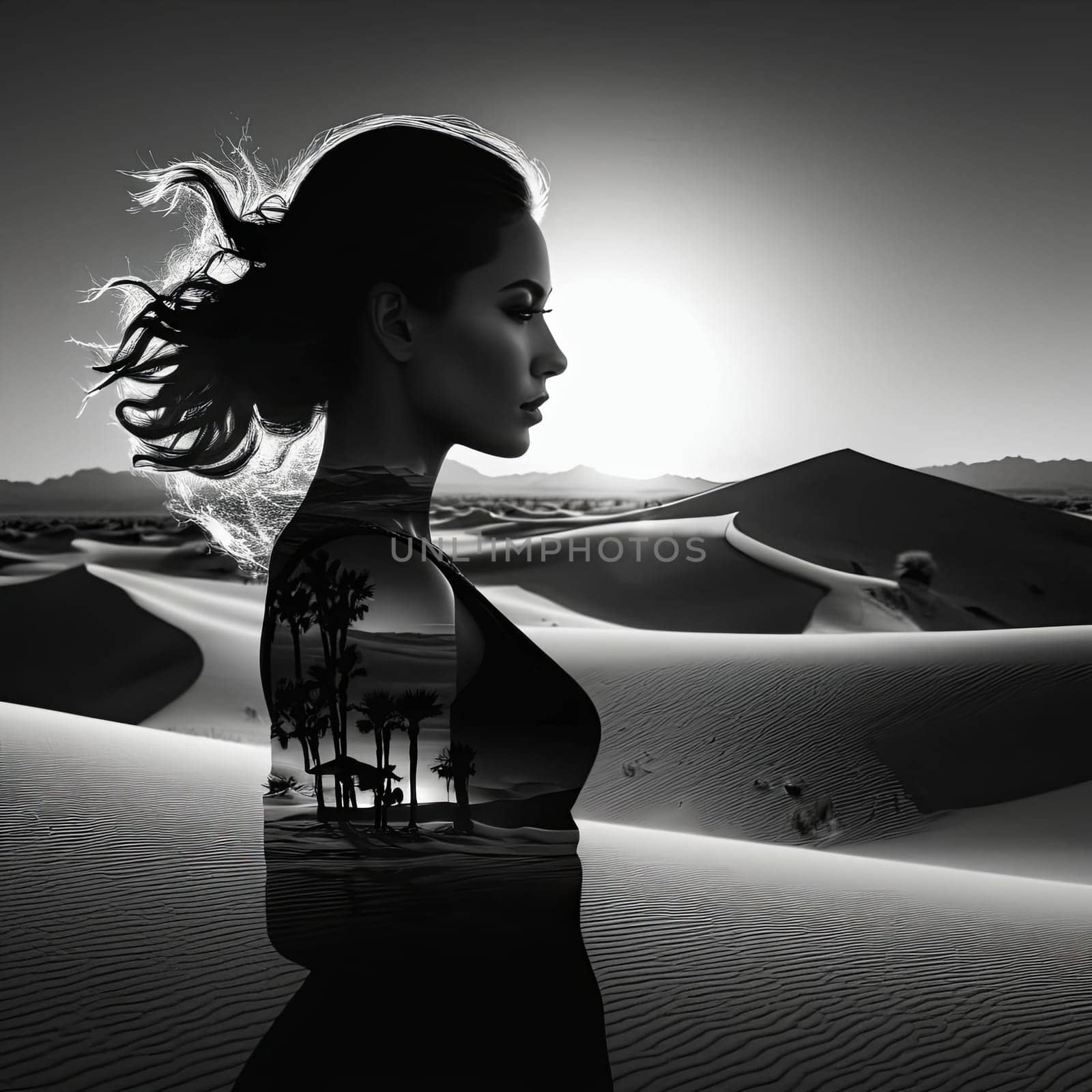 Captivating silhouette of woman against breathtaking desert. Her flowing hair and serene expression create a sense of peace, inviting exploration of themes like beauty, freedom, and inner strength