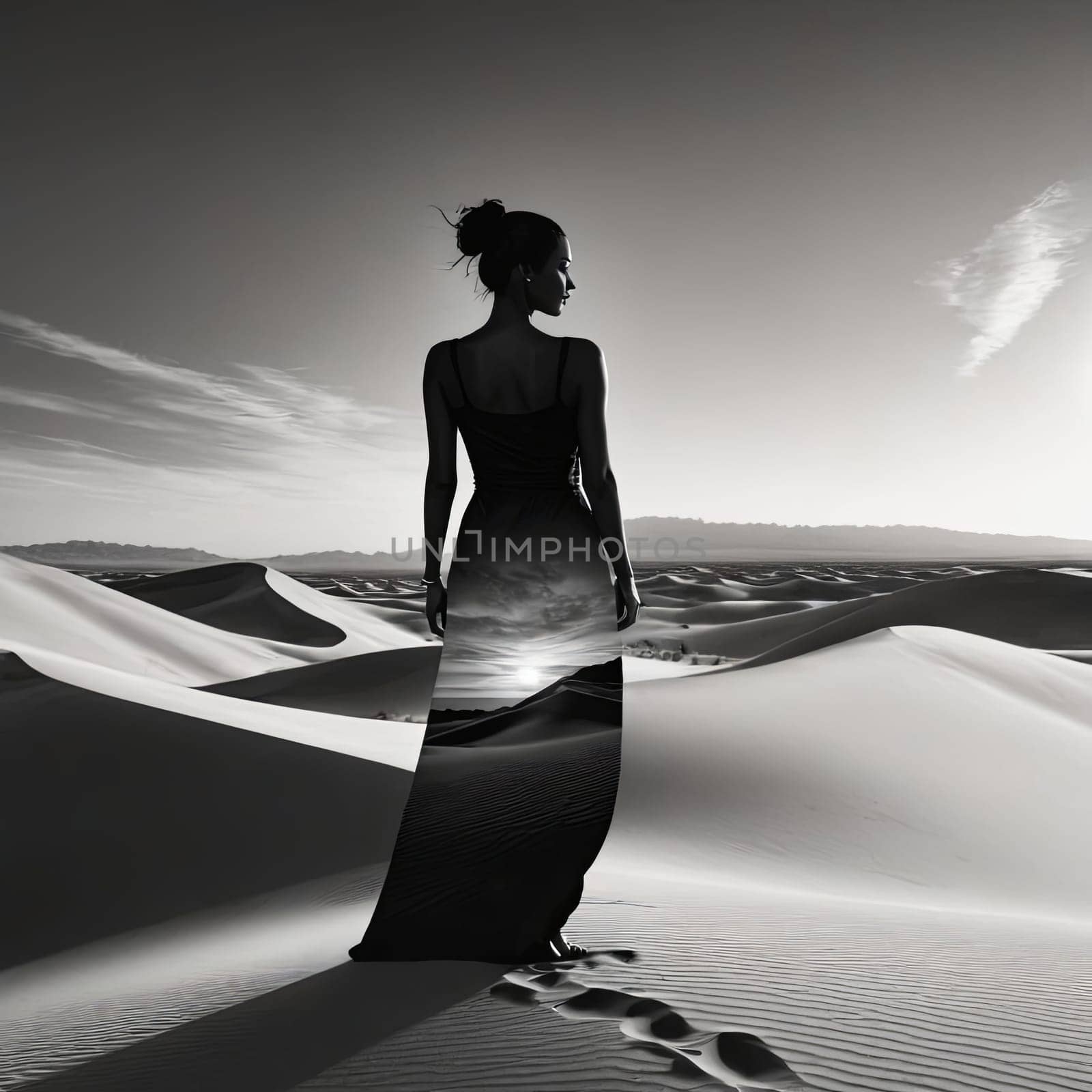 Stunning silhouette of woman with flowing hair merges with breathtaking desert landscape. Intricate details create dreamlike quality, evoking themes of freedom, inner strength against serene backdrop