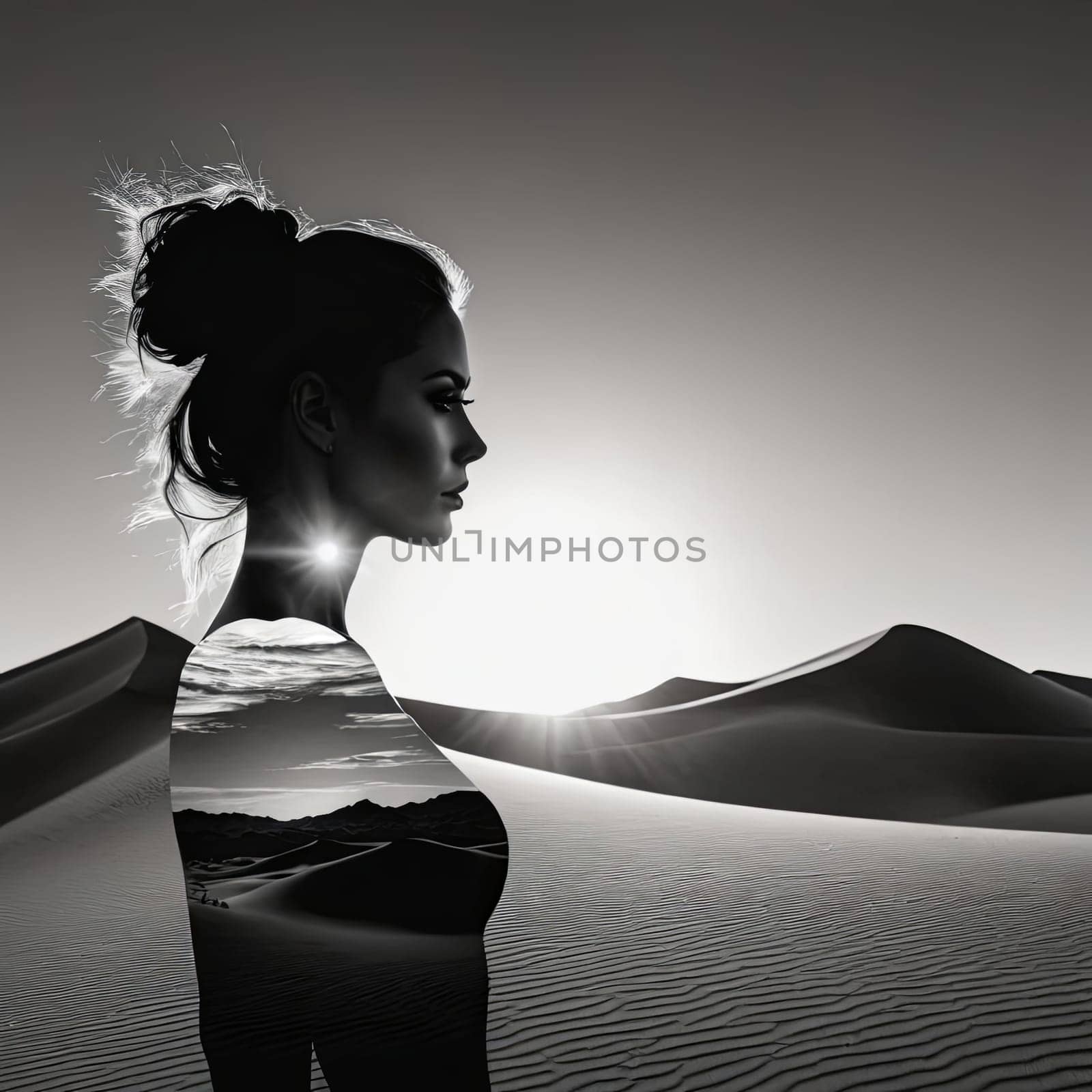 Ethereal silhouette of woman merging with sweeping desert landscape. Flowing hair and tranquil expression evoke sense of adventure and connection to nature, celebrating beauty of natural world
