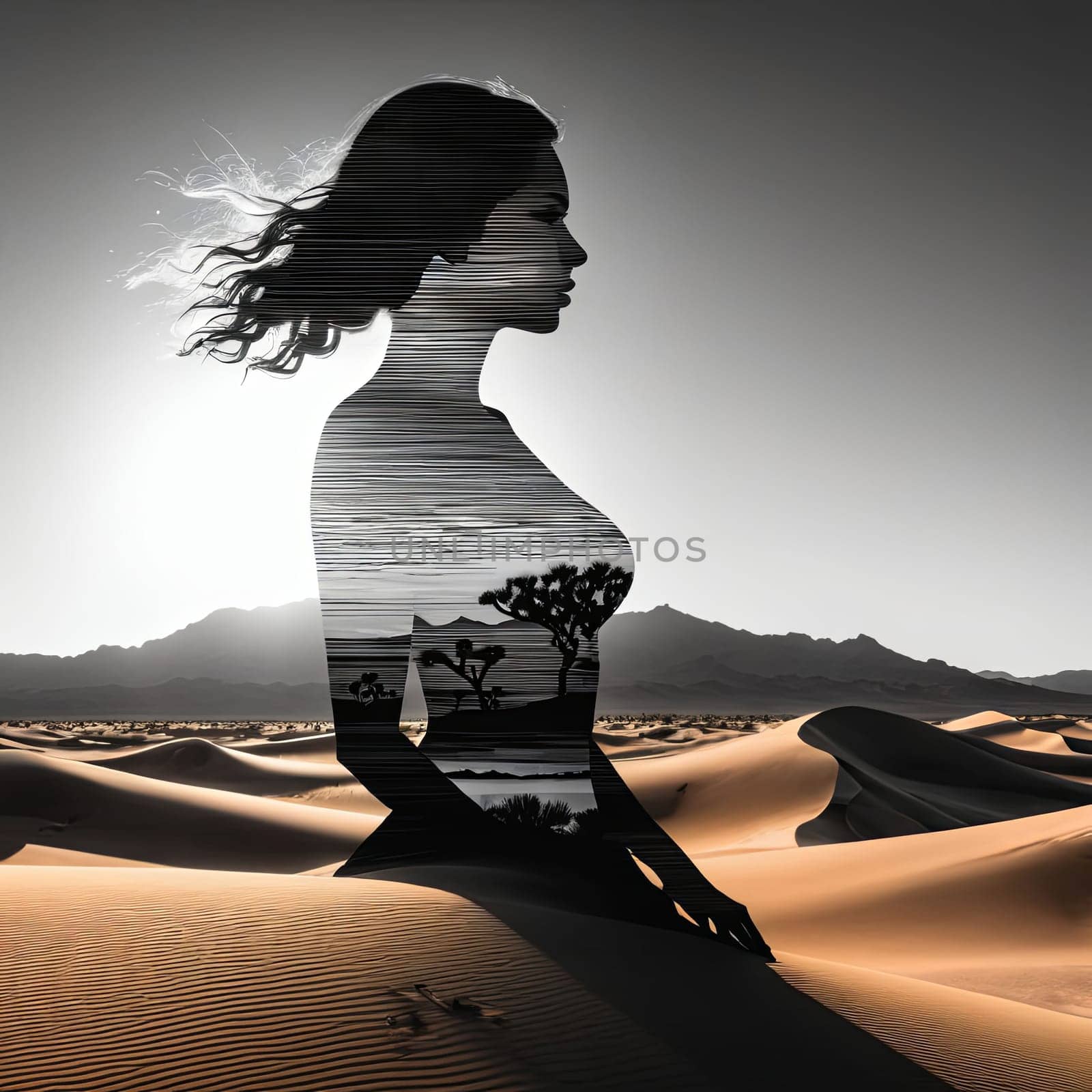 Captivating profile of woman intertwined with desert scenery. Flowing hair, soft contours reflect harmony between human spirit, nature, inviting viewers to explore beauty, serenity of vast landscapes