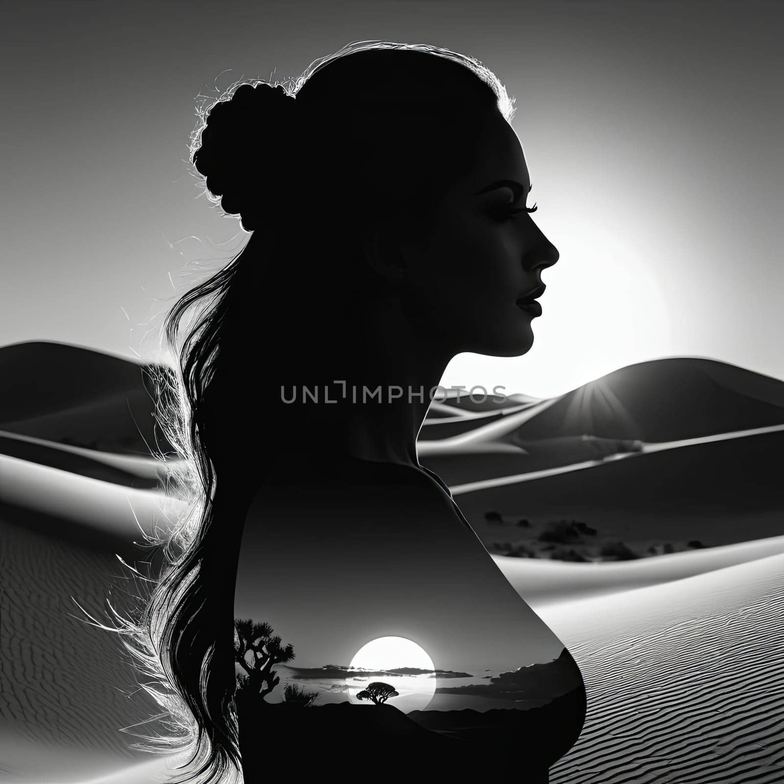 Ethereal image of womans silhouette blended with sweeping dunes. Her windswept hair, tranquil expression convey emotions of exploration, peace, celebrating connection to nature in mesmerizing way