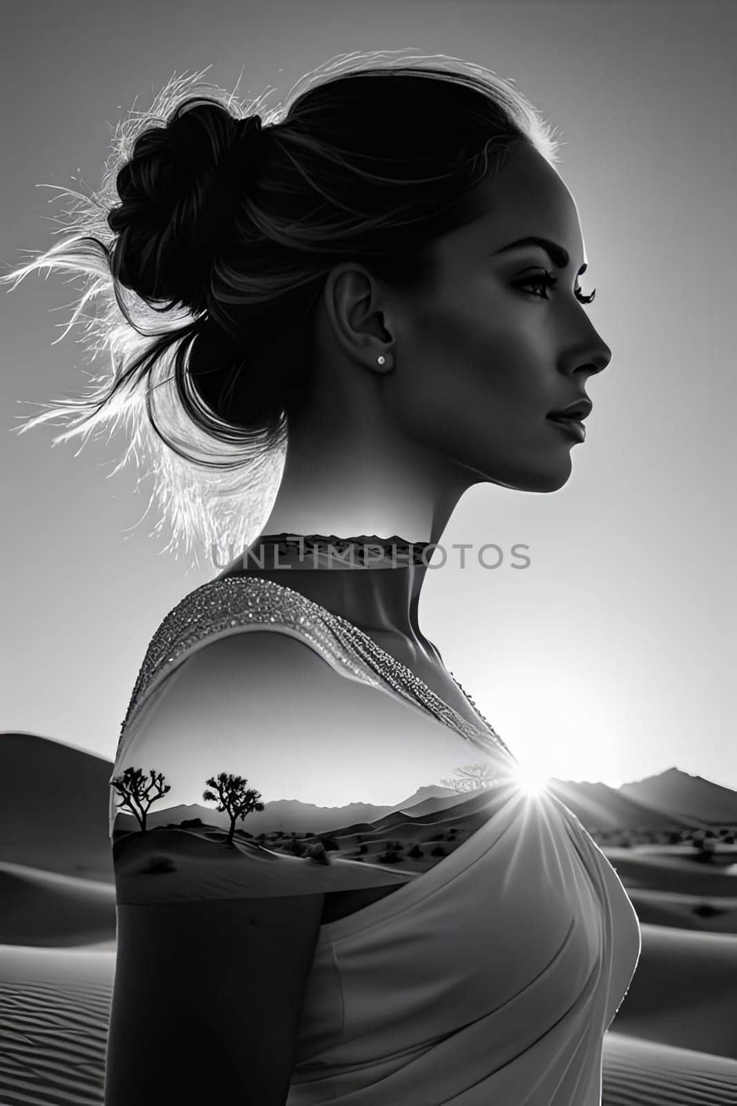 Mesmerizing image of woman in profile, harmoniously merging with sandy dunes. Flowing hair captures movement, symbolizing the connection between human spirit and the vast beauty of nature