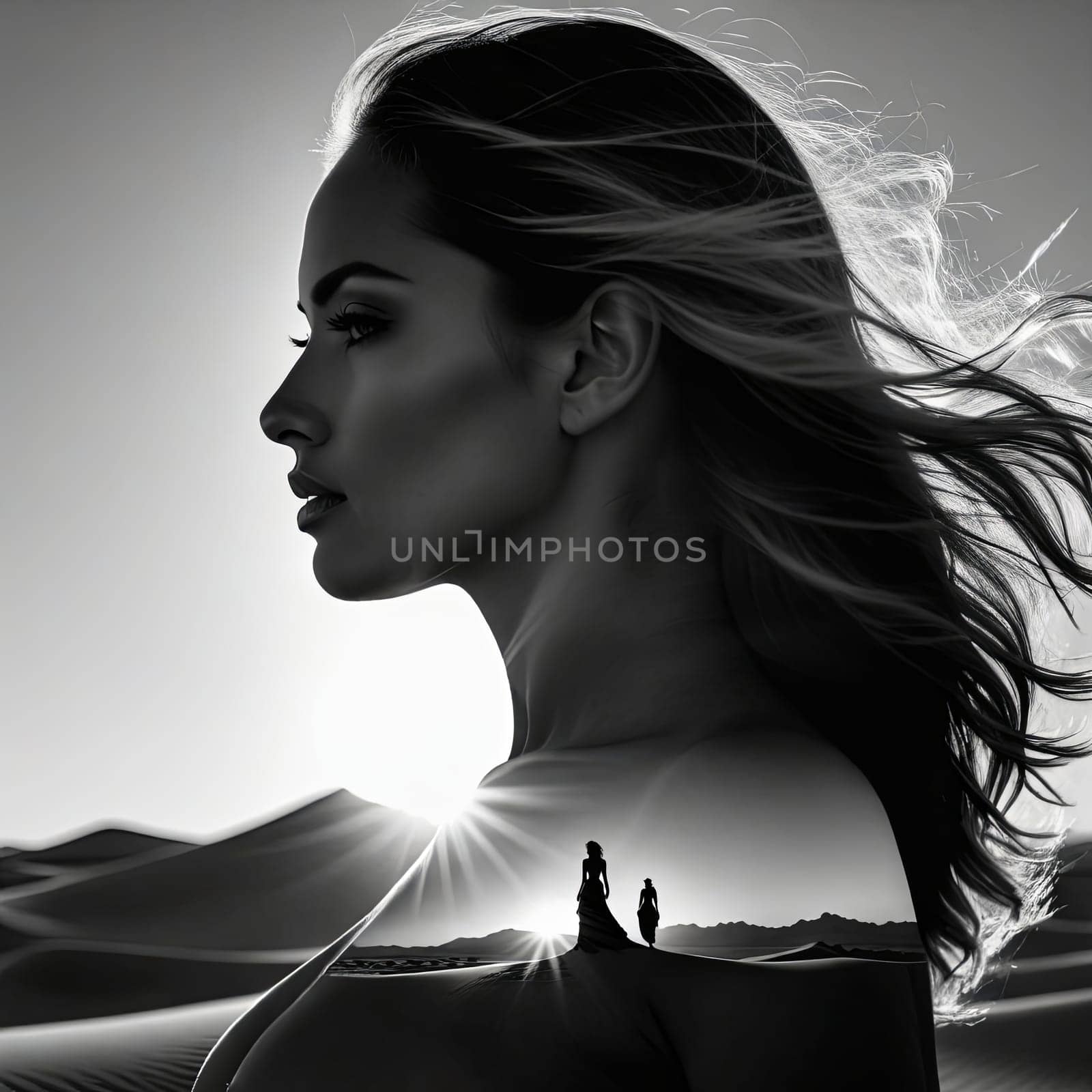 Ethereal silhouette of woman merging with sweeping desert landscape. Flowing hair and tranquil expression evoke sense of adventure and connection to nature, celebrating beauty of natural world