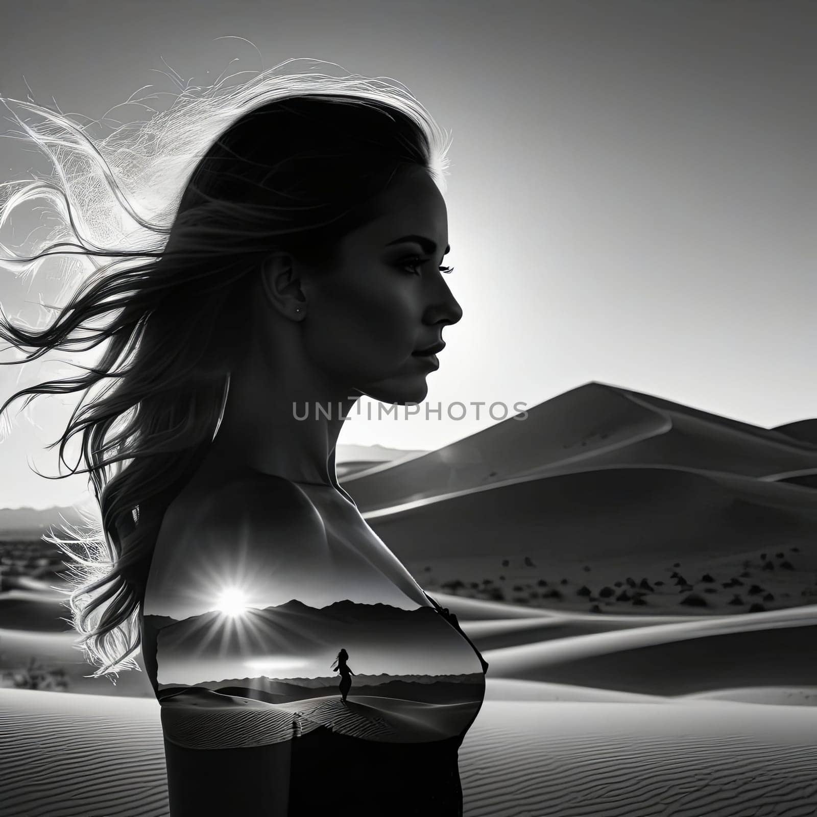 Captivating silhouette of woman against breathtaking desert. Her flowing hair and serene expression create a sense of peace, inviting exploration of themes like beauty, freedom, and inner strength